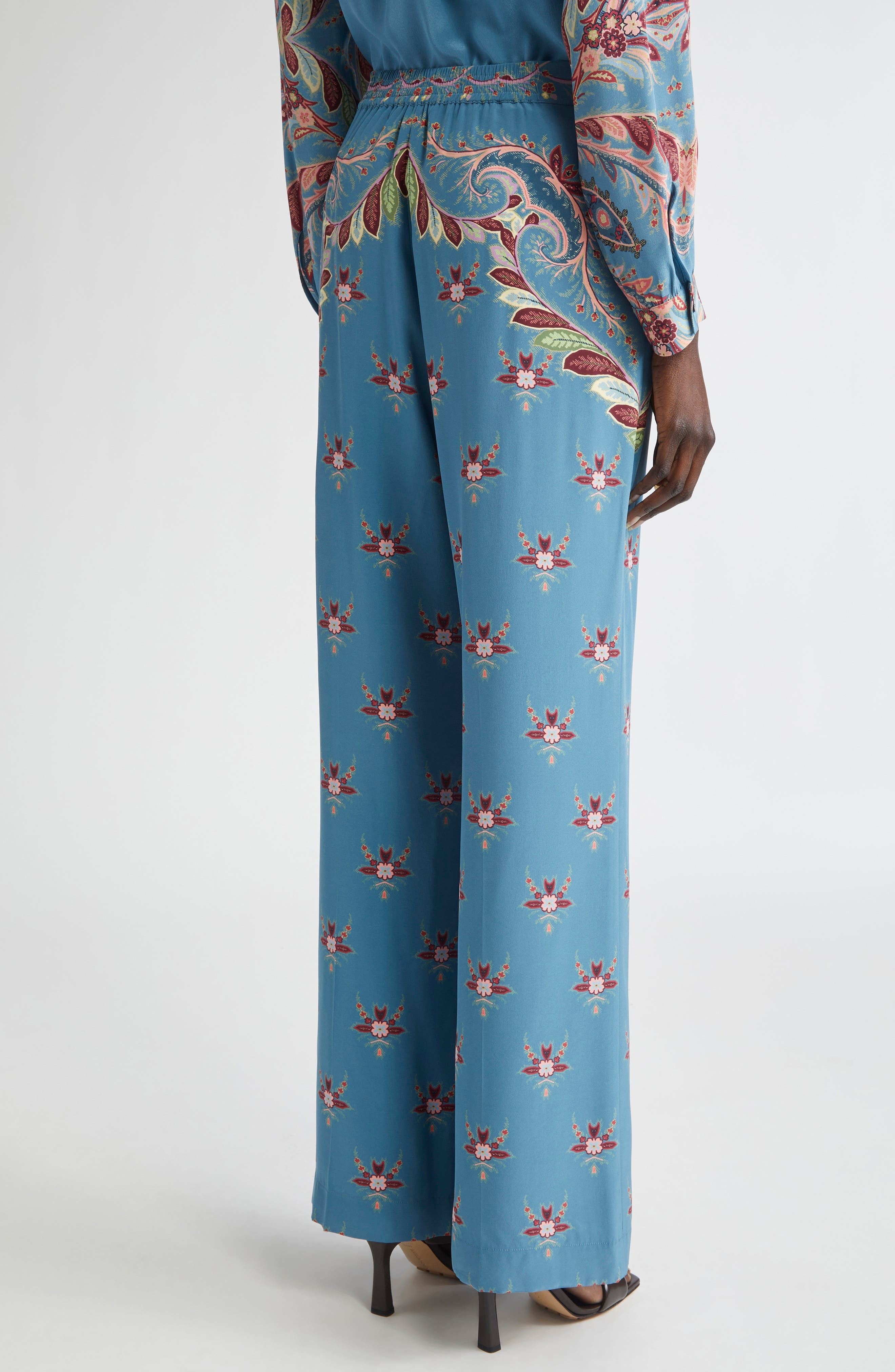 Etro Floral Paisley Silk Flare Leg Pants in Printed Blue Base at Nordstrom - 3