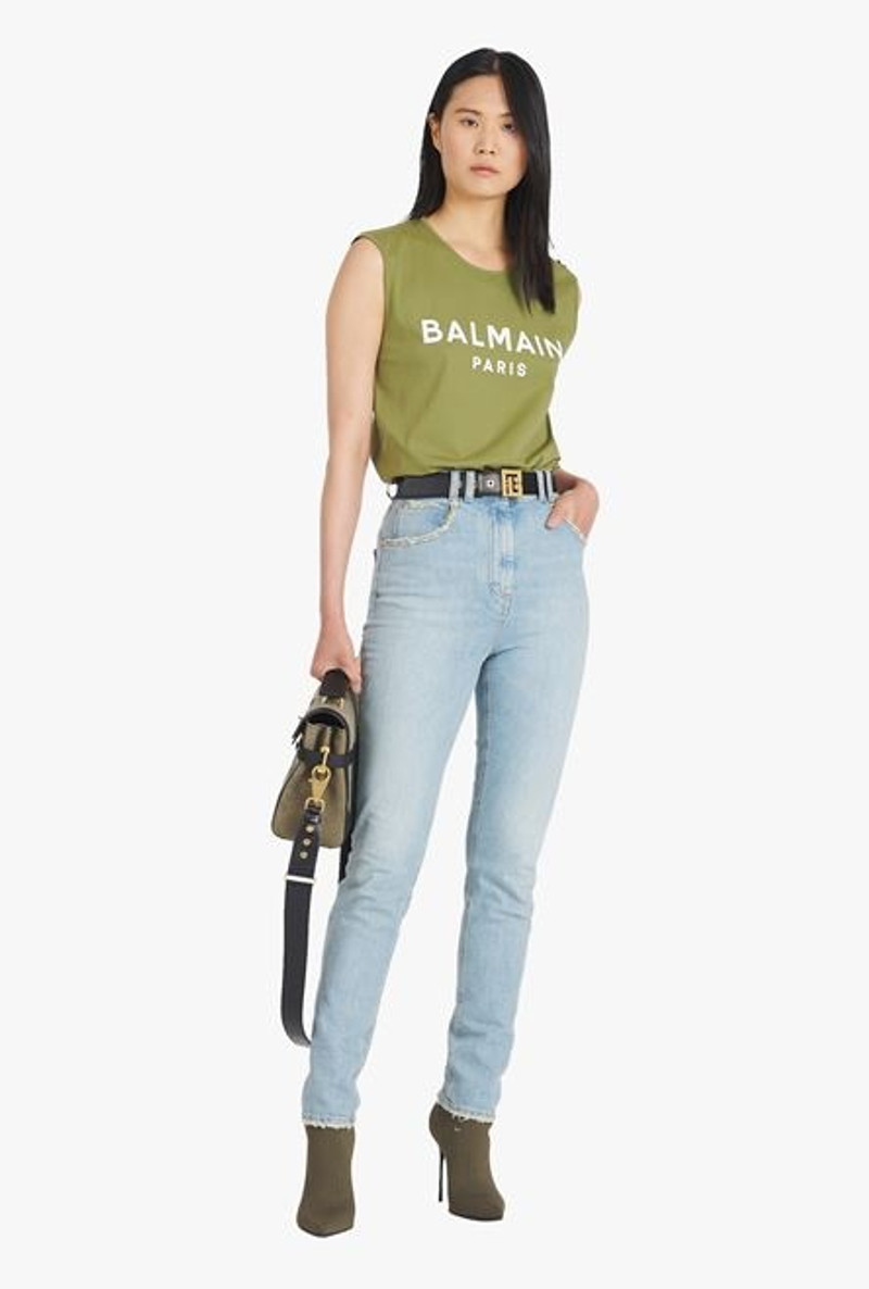 Balmain Khaki eco-designed cotton T-shirt with white Balmain logo print outlook