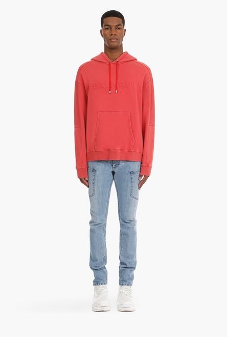 Faded red cotton hooded sweatshirt with embossed Balmain logo - 4