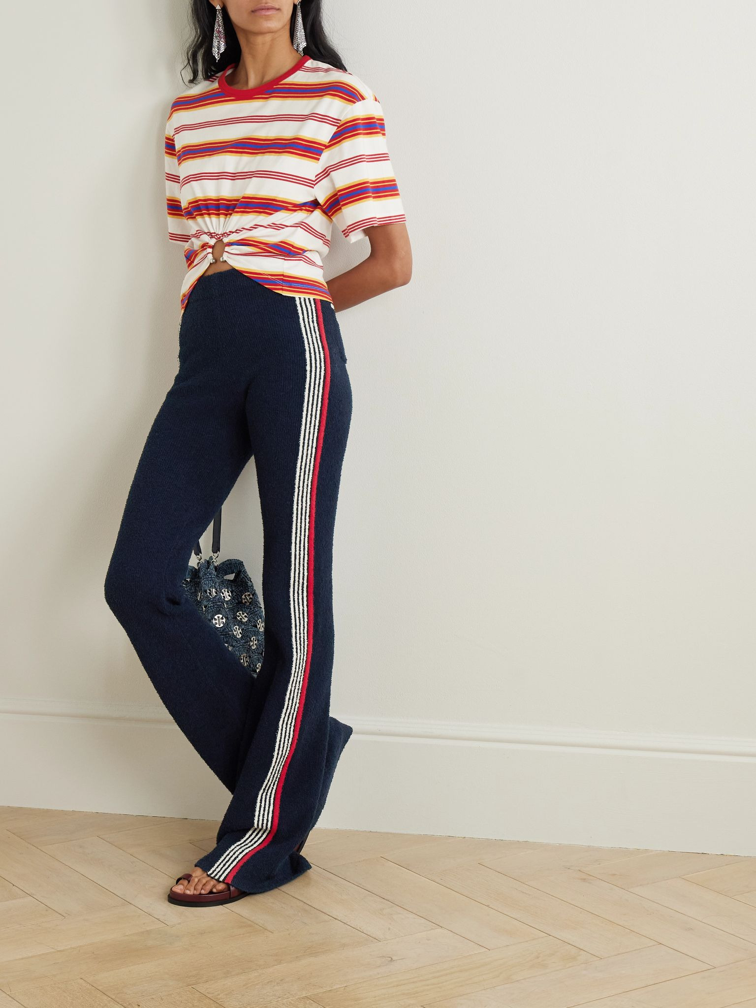 Embroidered striped cotton-blend bouclé straight-leg pants Navy - 2