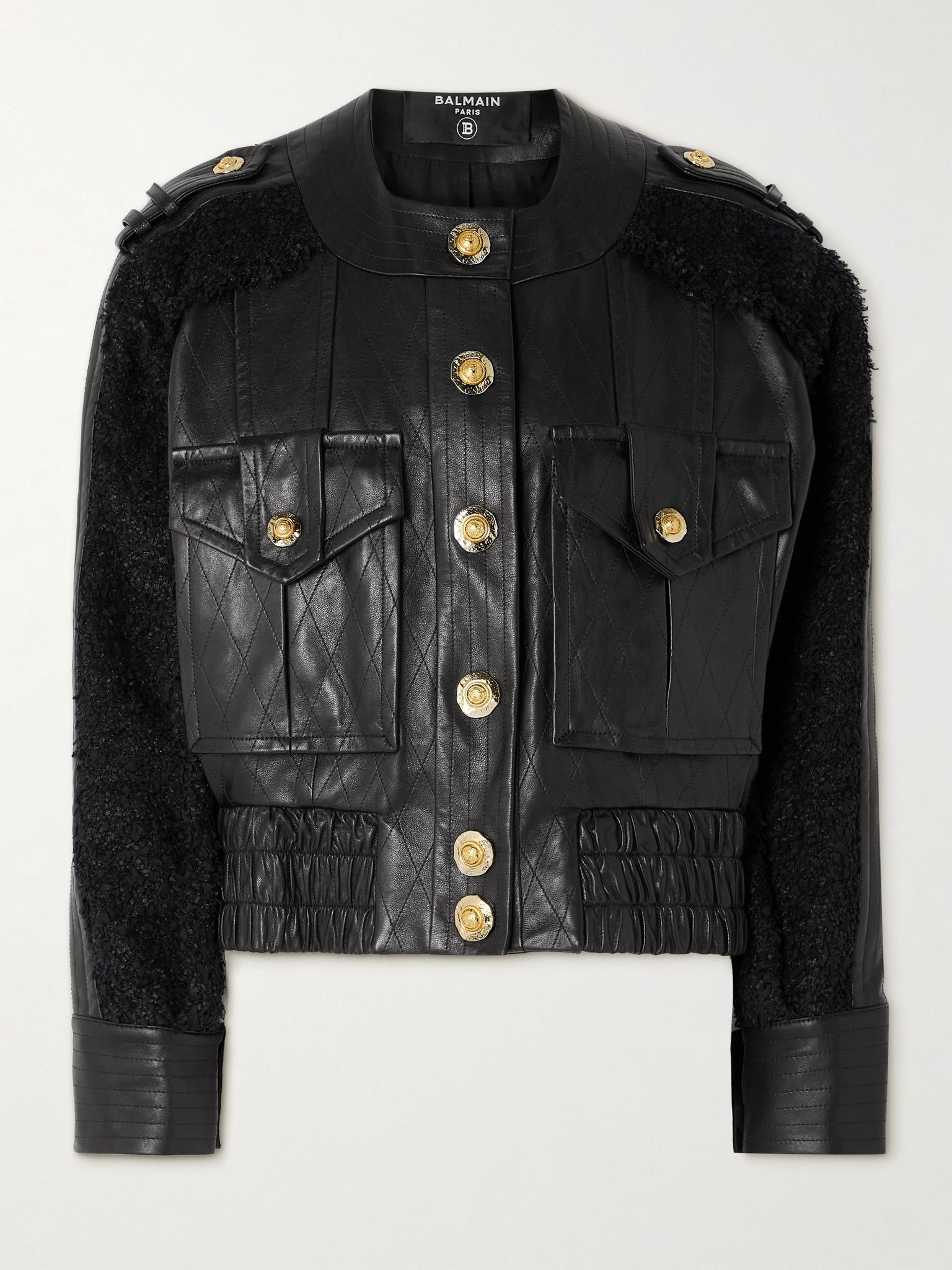 Quilted leather and tweed bomber jacket Black - 1