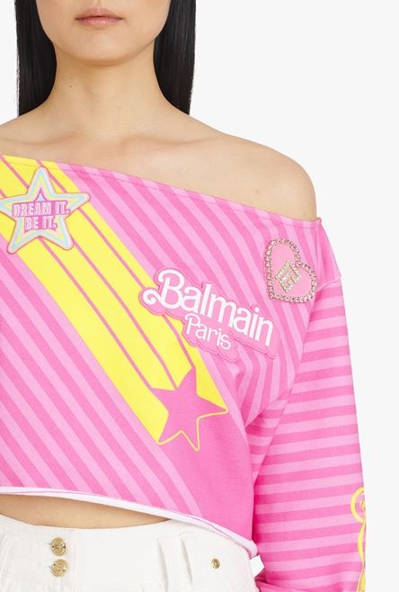 Balmain x Barbie - Pink eco-designed cotton off-the-shoulder crop top - 6