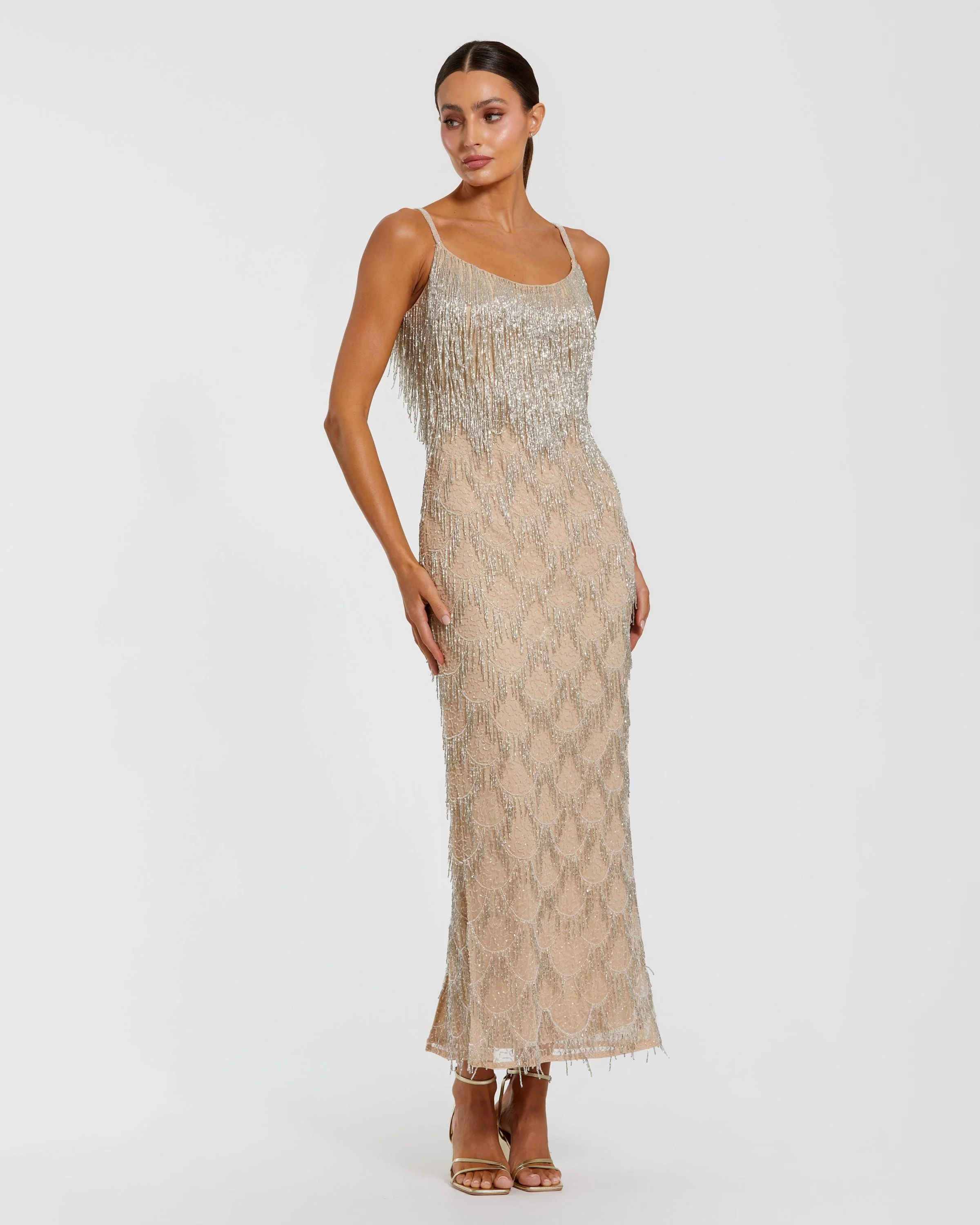 Nude Silver Beaded Fringe Column Maxi Dress - 1