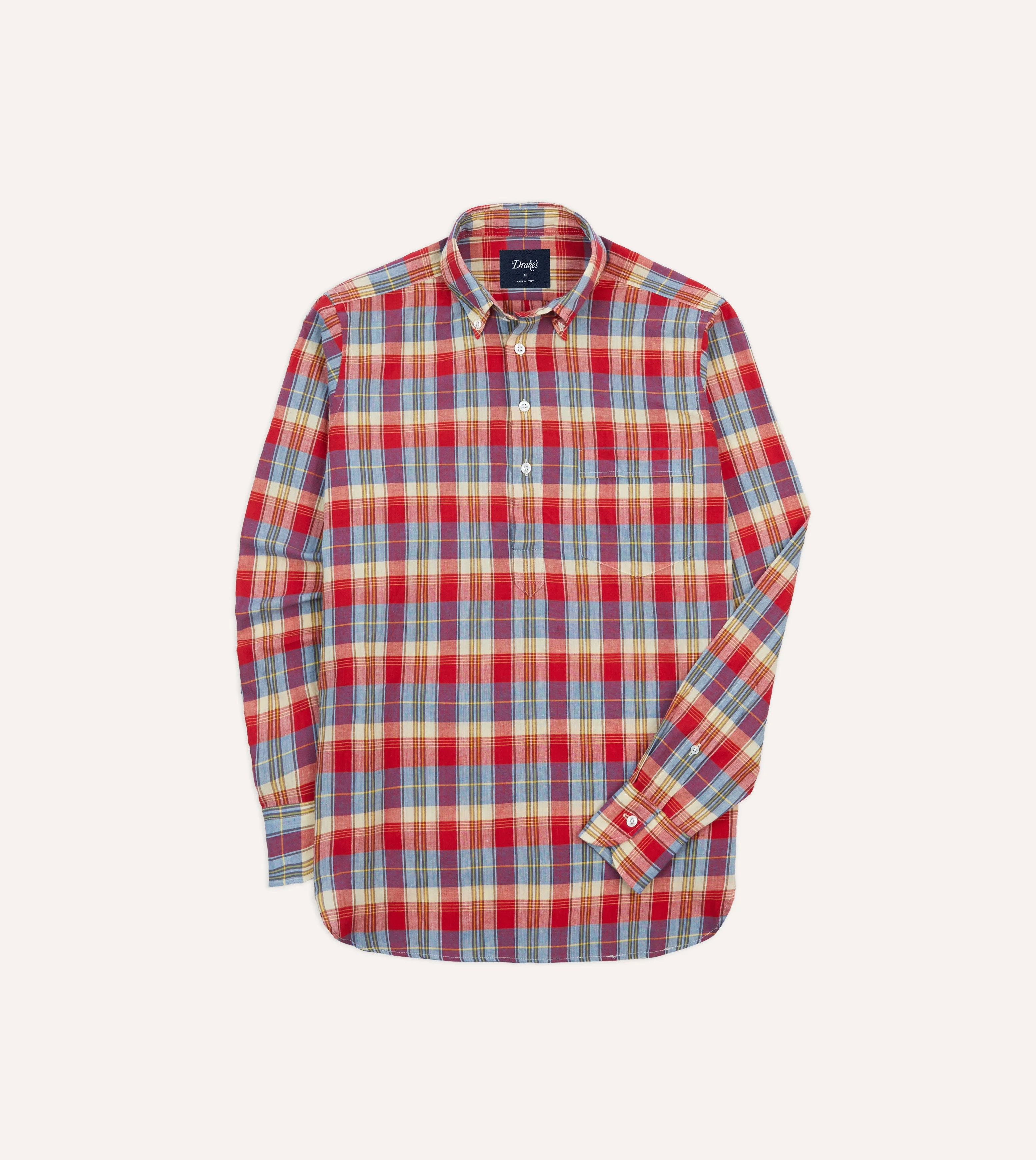 Red and Blue Madras Check Cotton Button-Down Popover Shirt - 1
