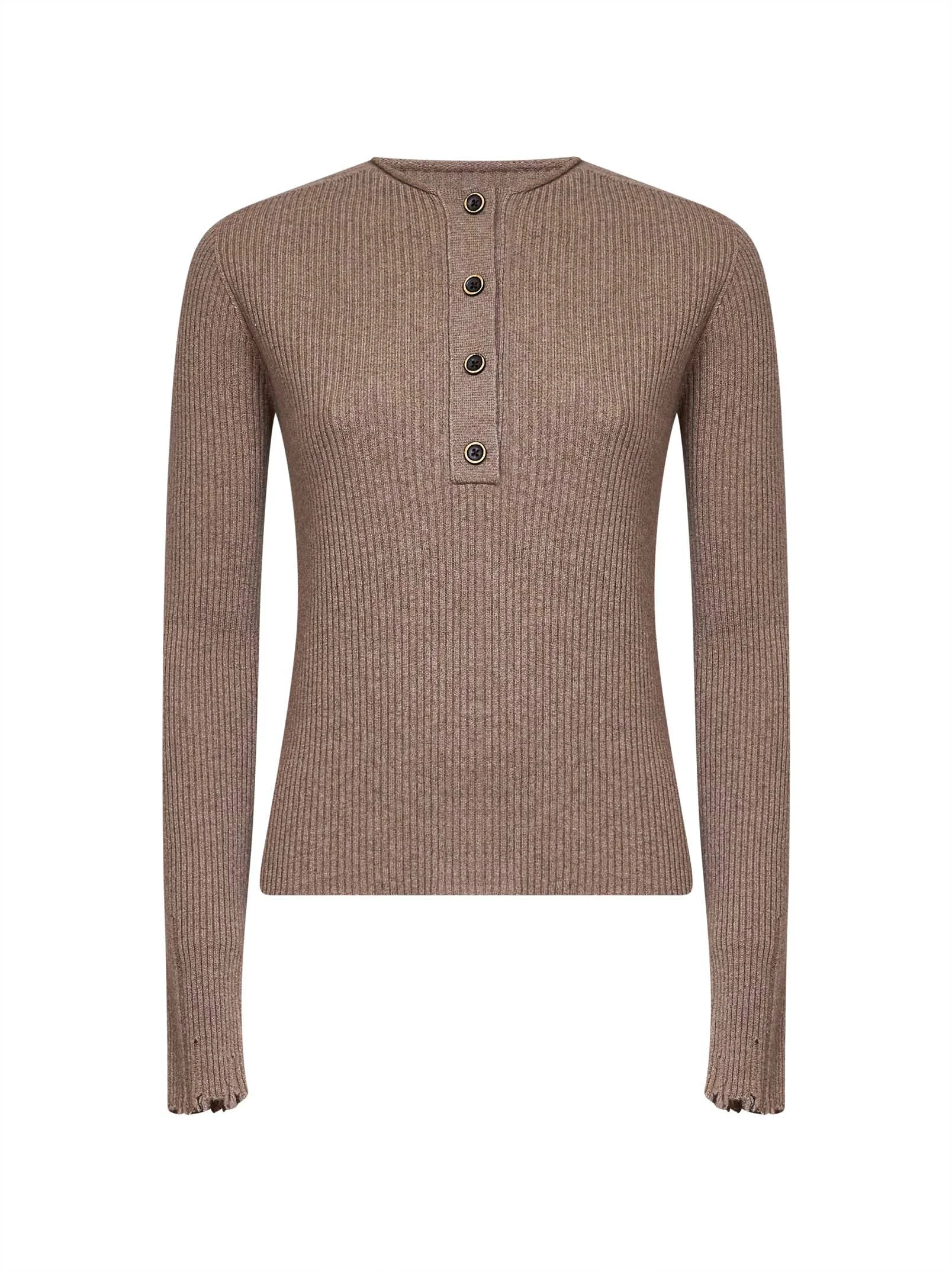 Tan ribbed cashmere knit Henley top - 1
