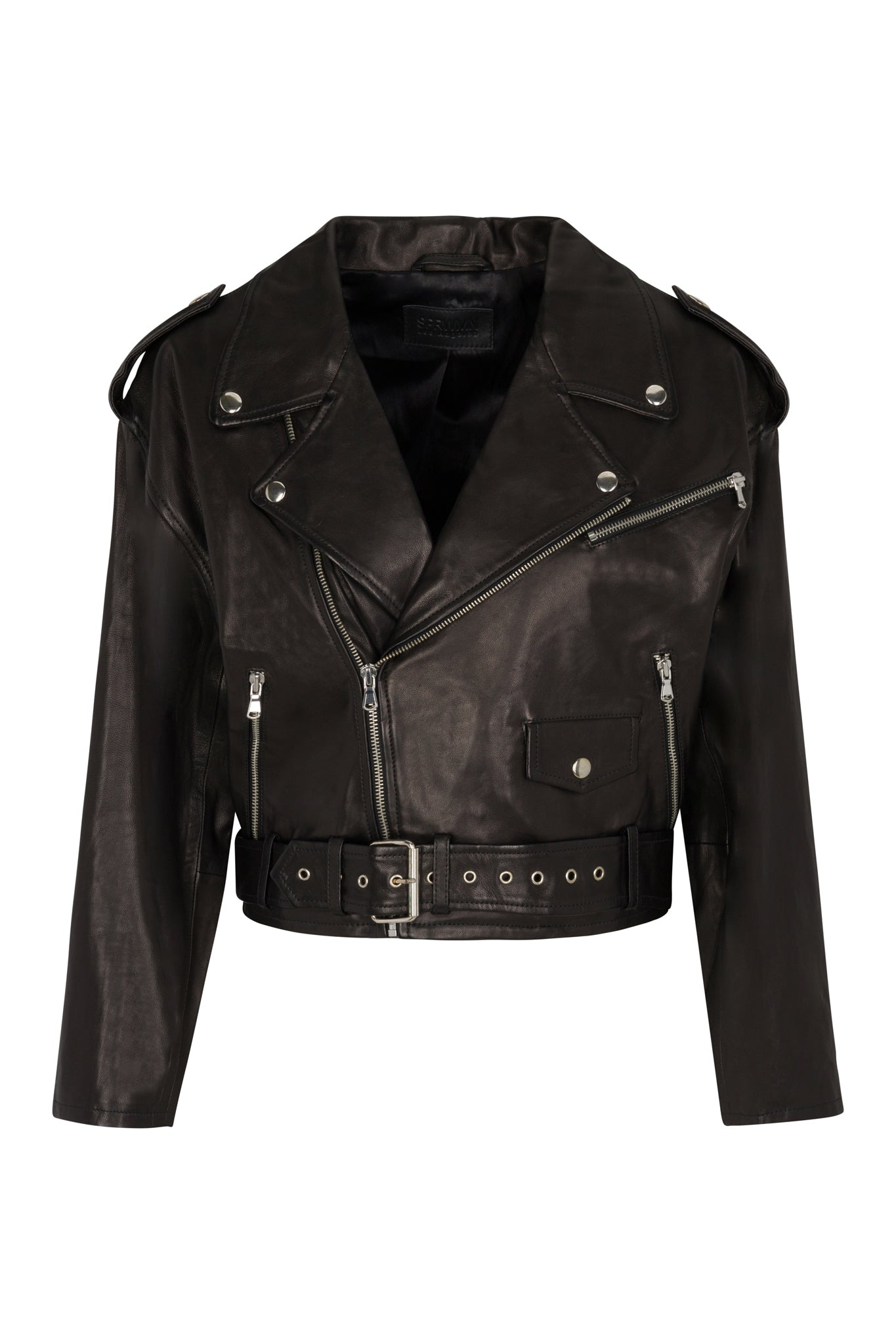 BLACK LEATHER EYELET LACE-UP MOTO JACKET - 8