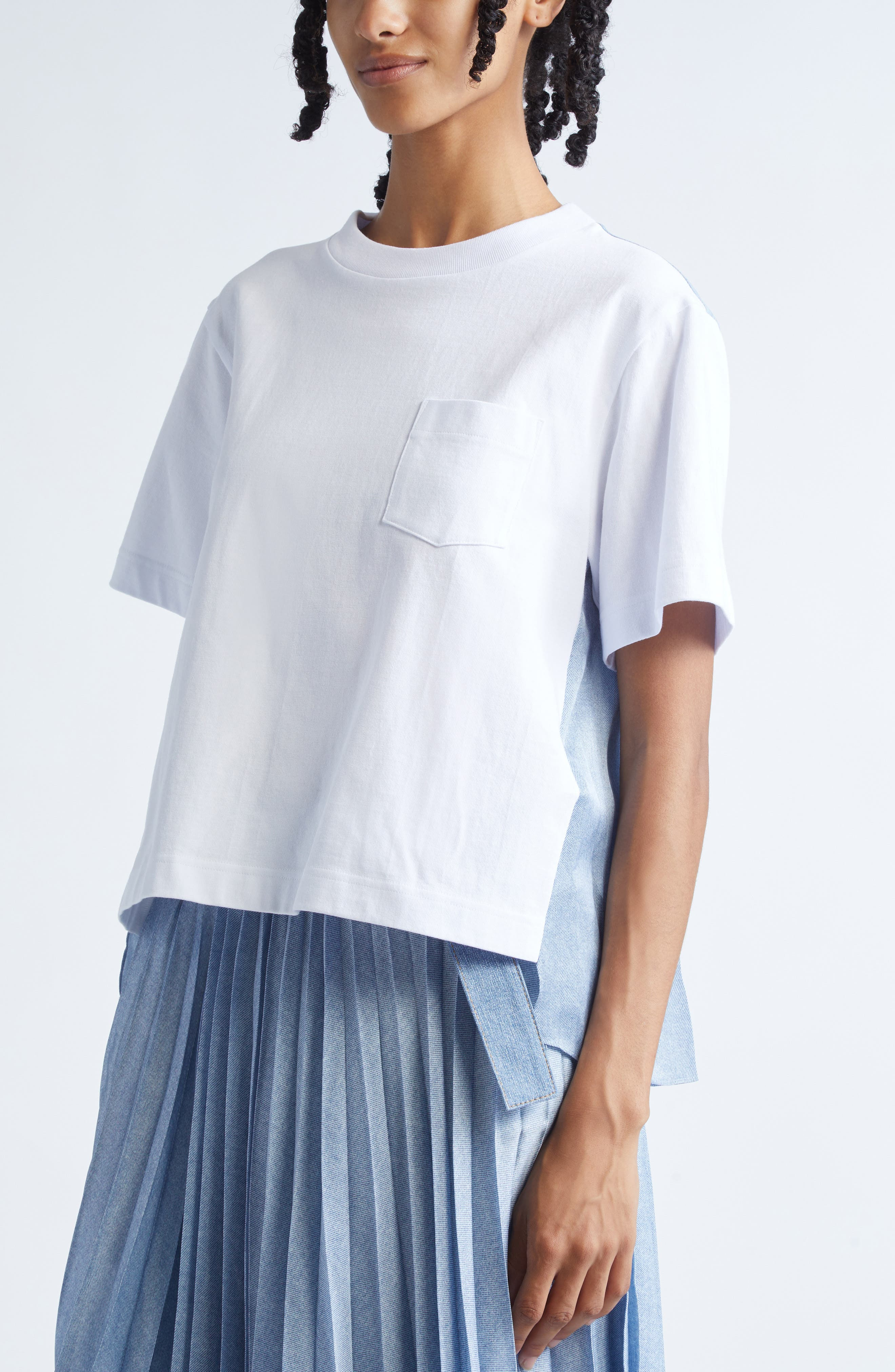 Sacai Mixed Media Jersey & Denim Pocket T-Shirt in Off White/Light Blue at Nordstrom - 5