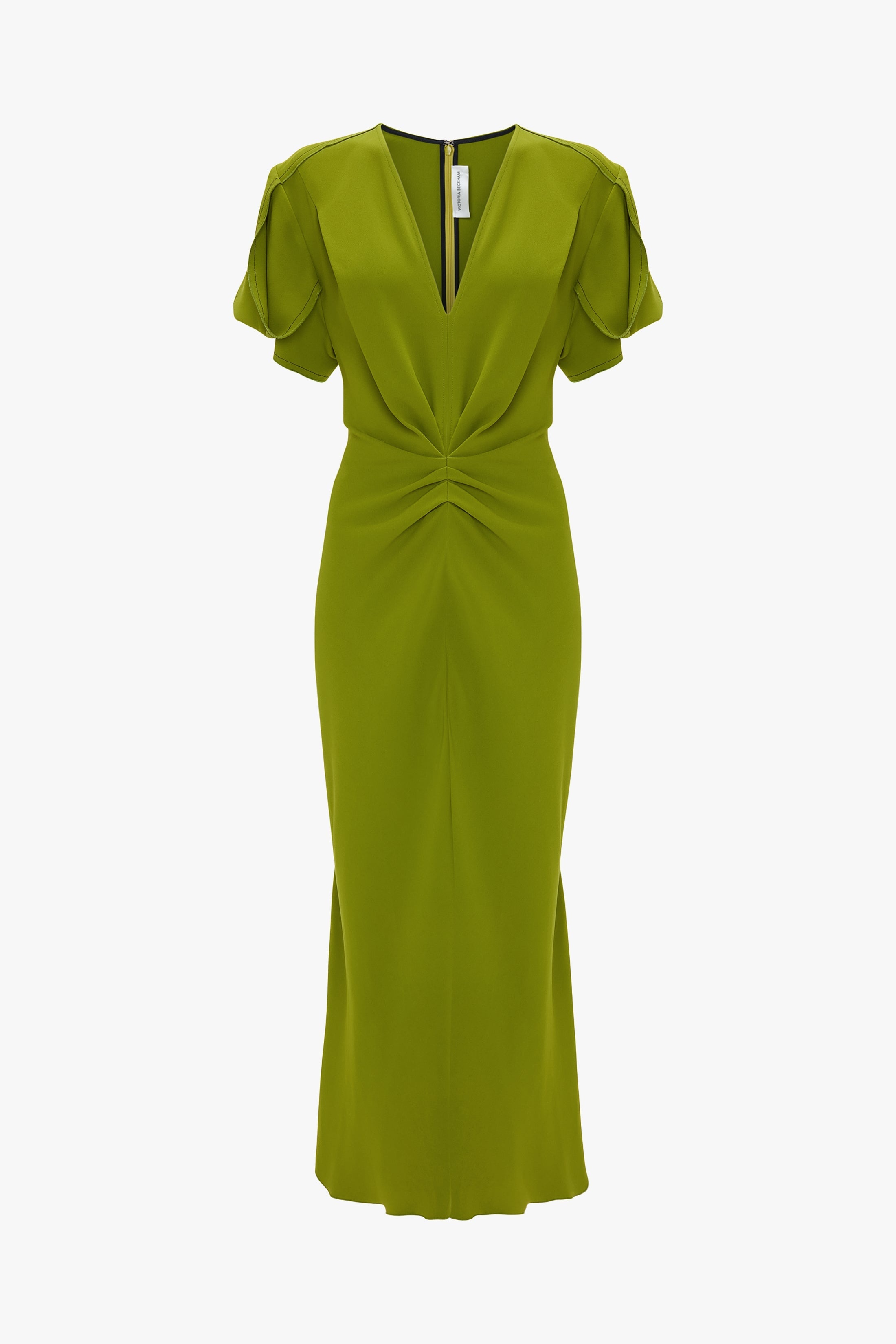 Gathered V-Neck Midi Dress In Parakeet - 1