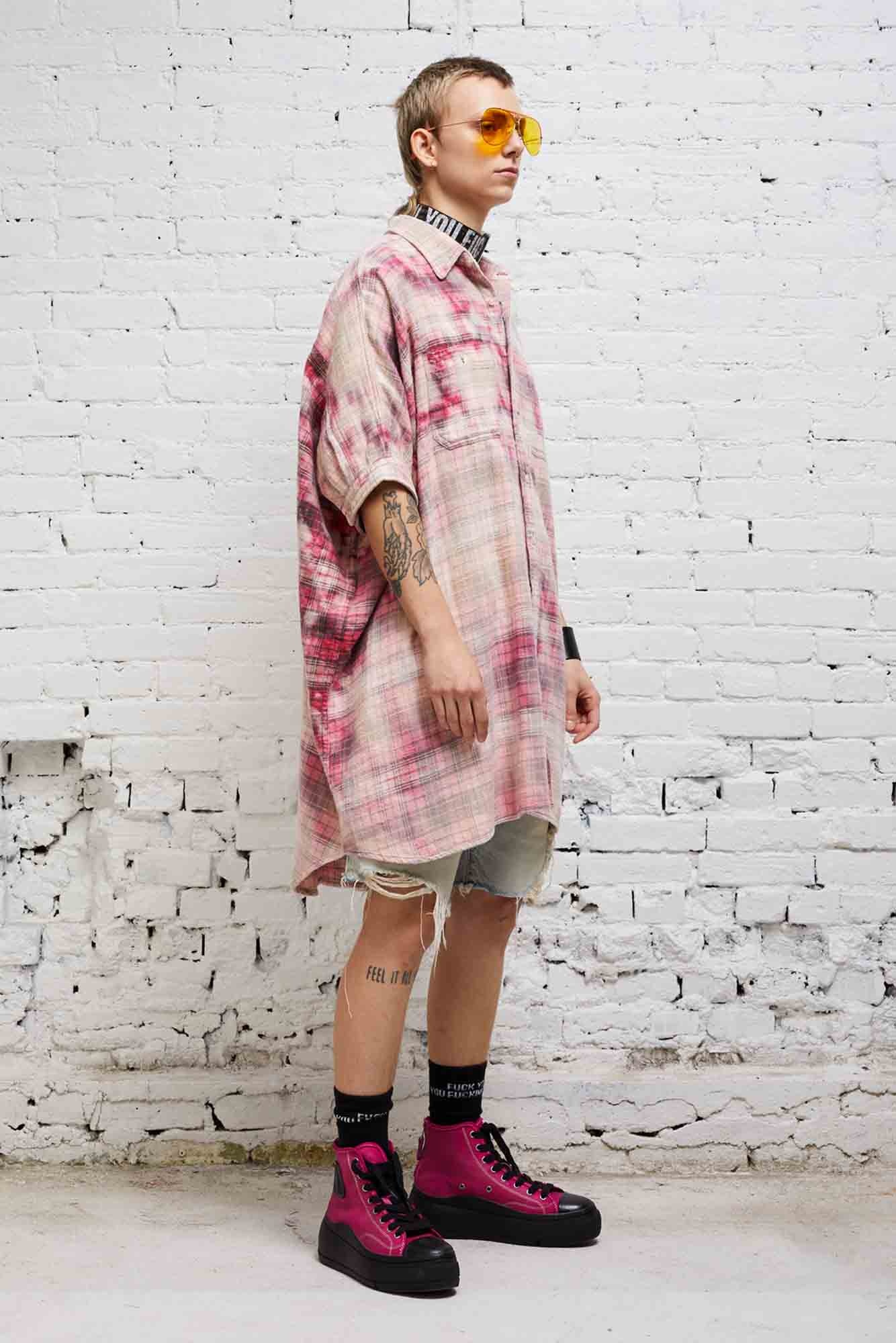 OVERSIZED BOXY SHIRTDRESS - BLEACHED RED PLAID - 3