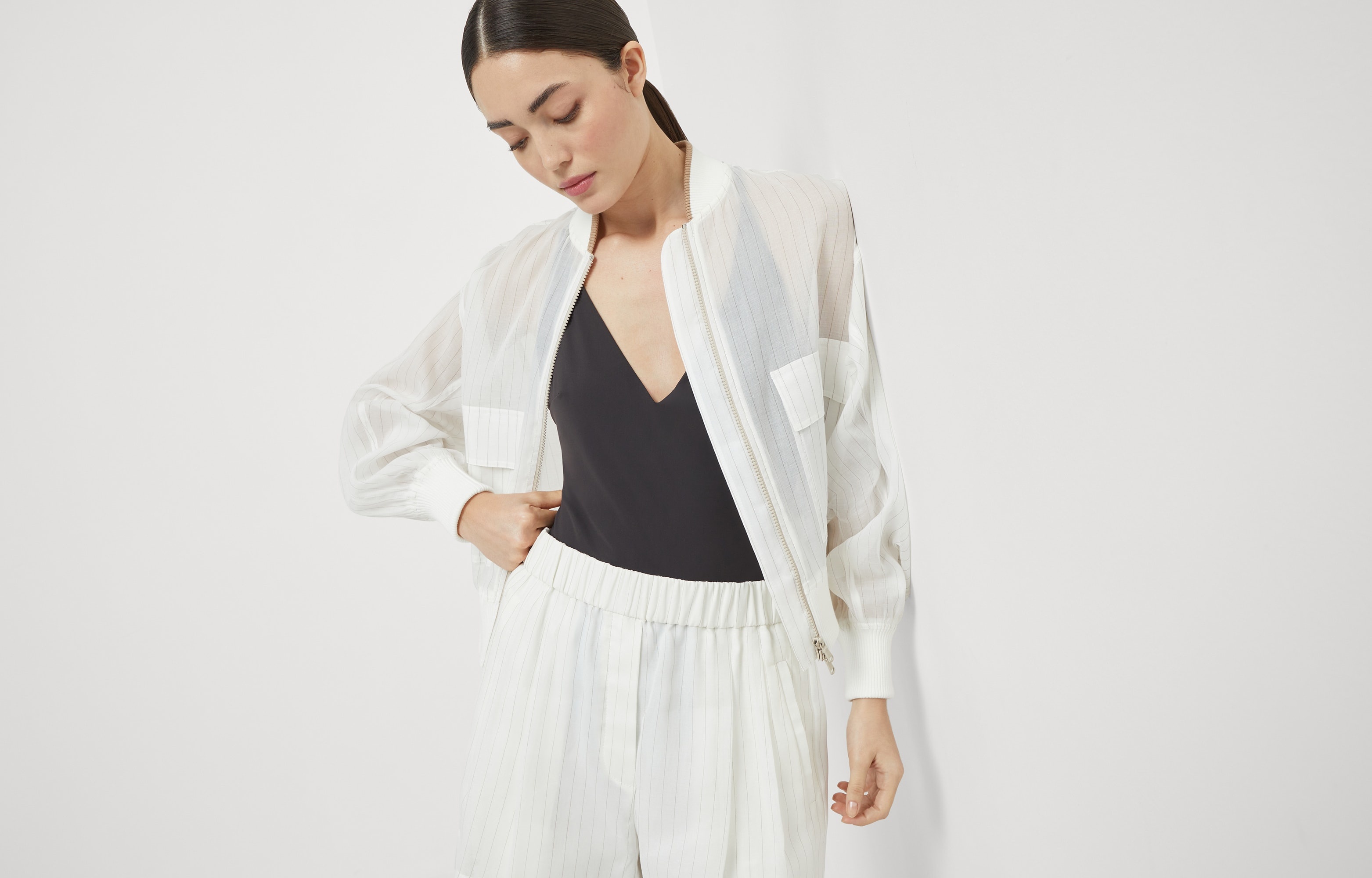 Cotton pinstripe organza bomber jacket with monili - 6