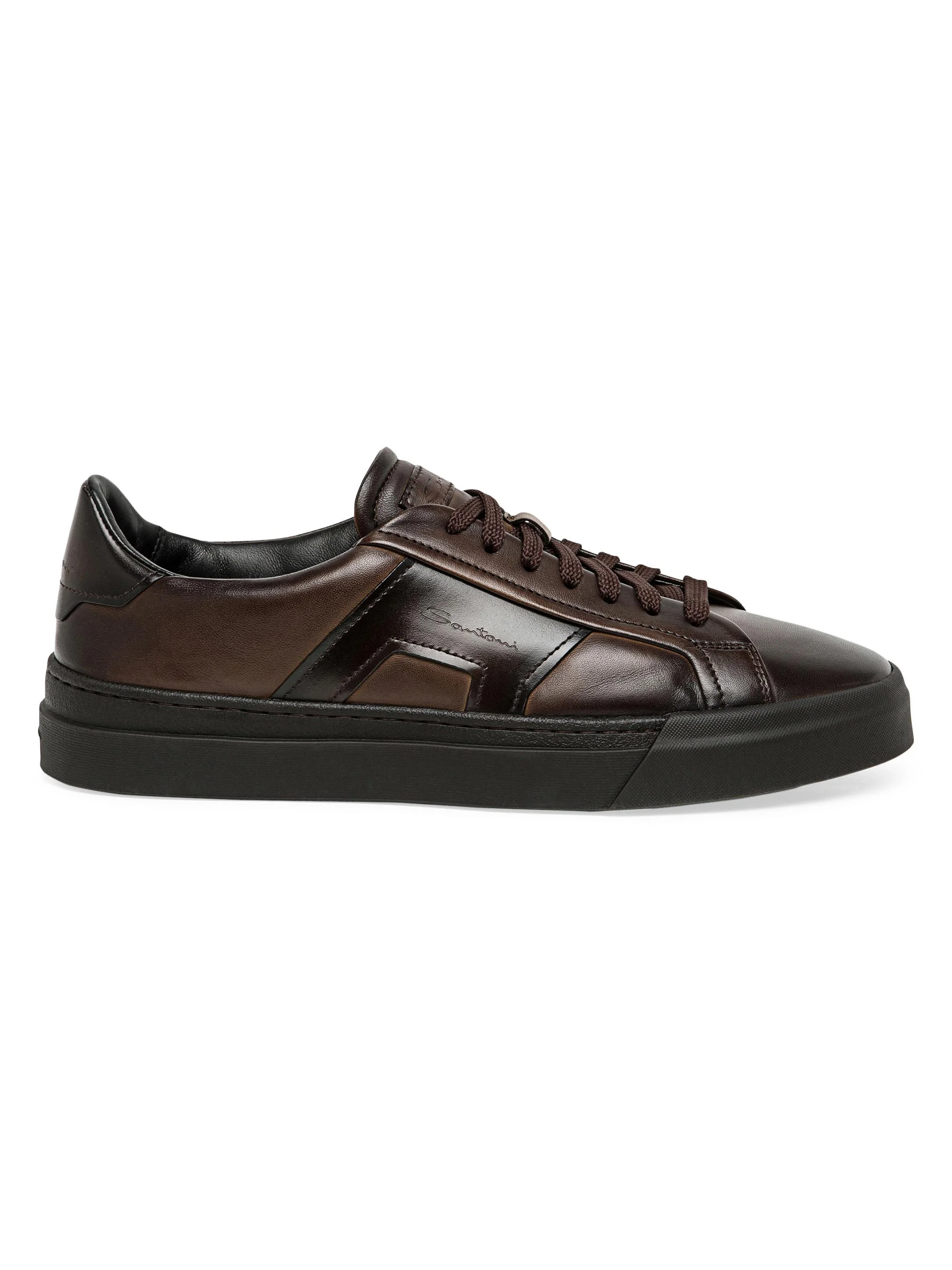 Men's Double Buckle Leather Sneakers - Dark Brown - 1