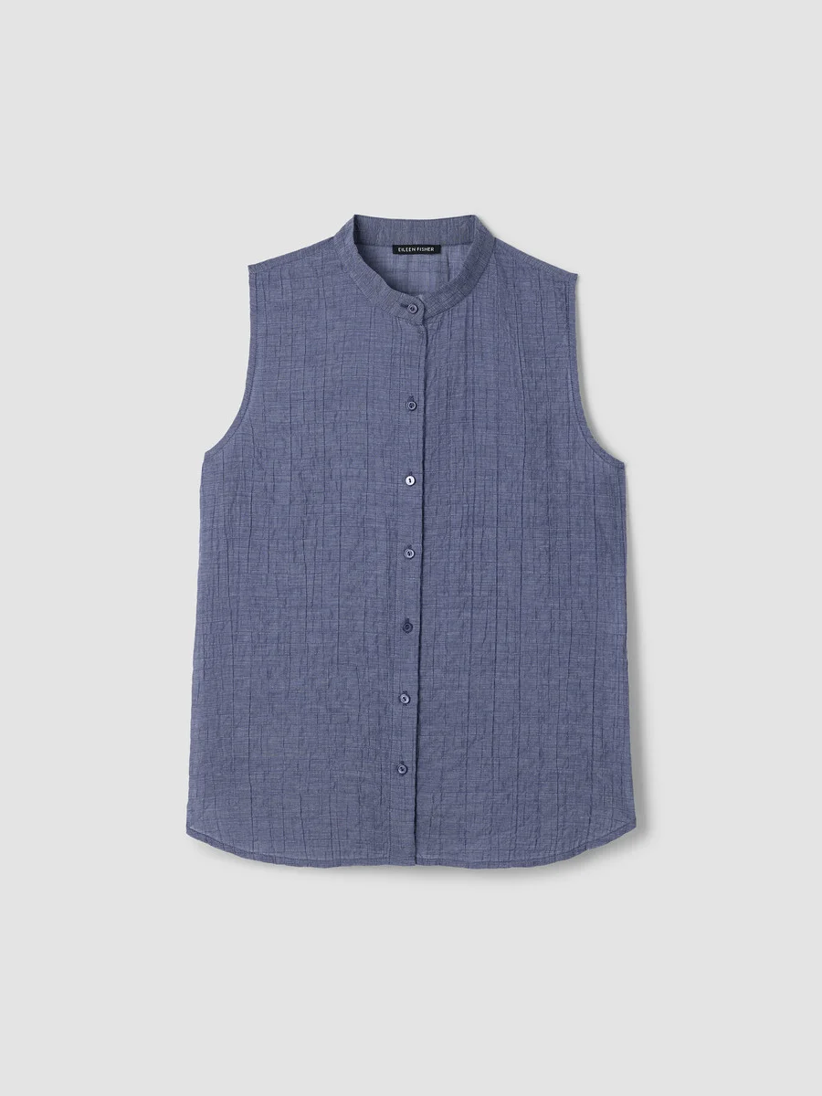Organic Cotton Microstripe Pucker Sleeveless Shirt - 1