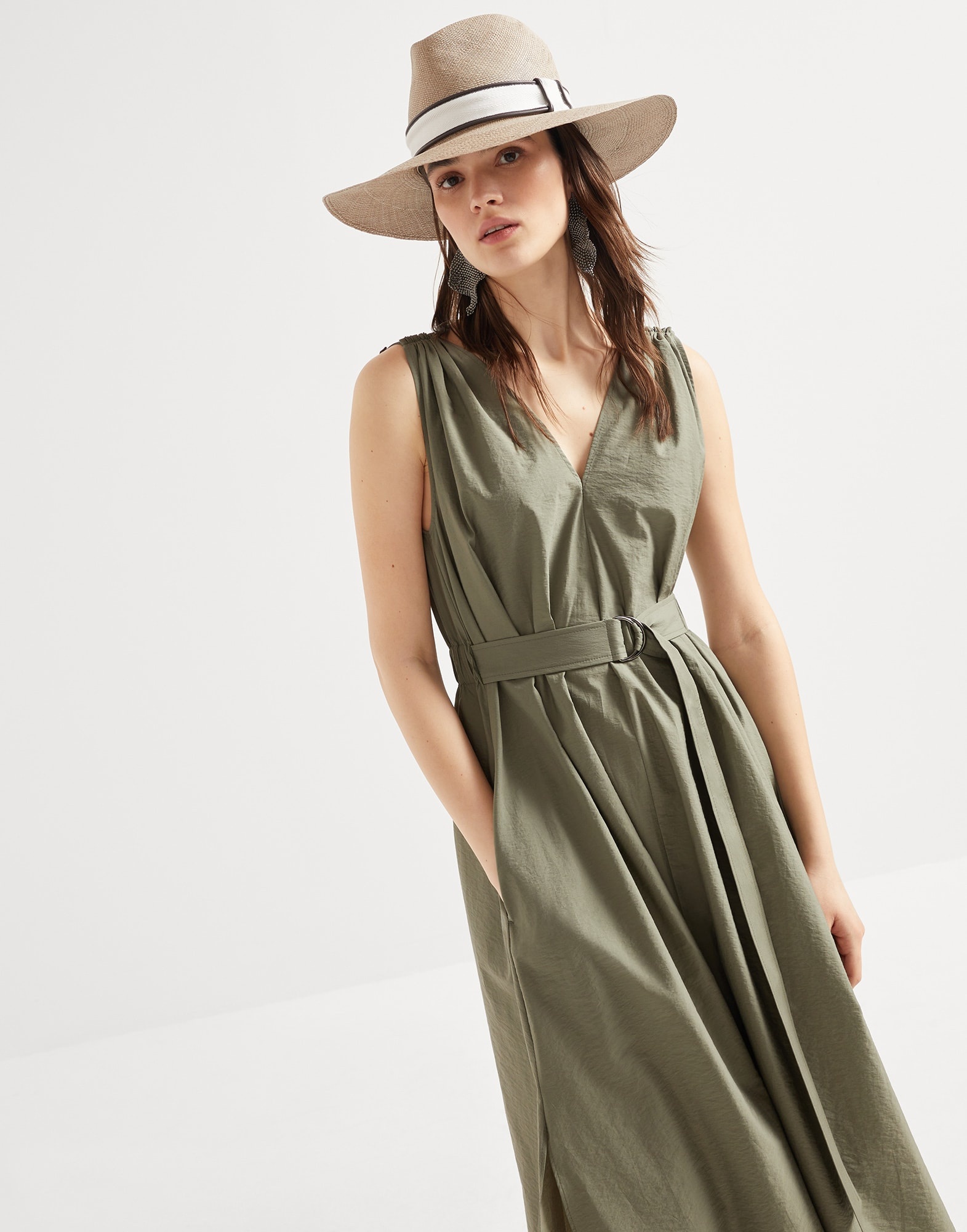 Techno cotton poplin belted dress with precious shoulder detail - 4