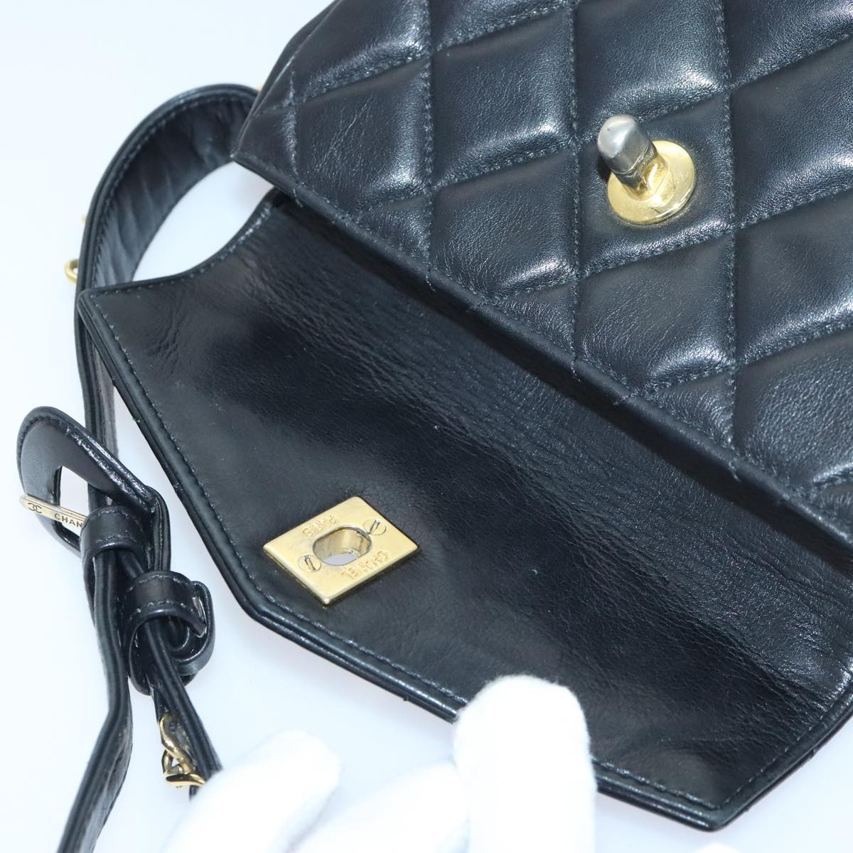 CHANEL Matelasse Waist Bag Lamb Skin Black Gold CC - 11
