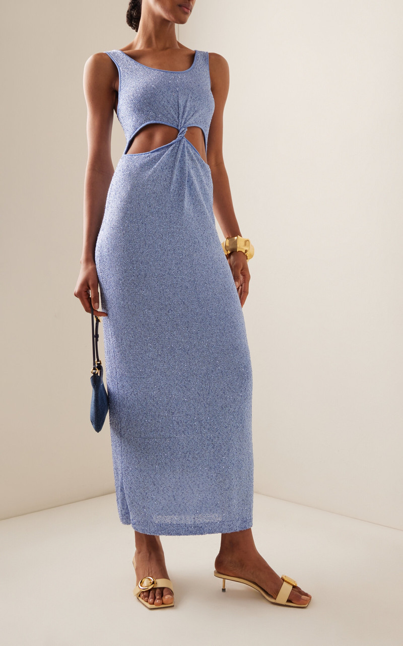 SIMKHAI Rayne Cutout Sequined-Knit Midi Tank Dress blue outlook