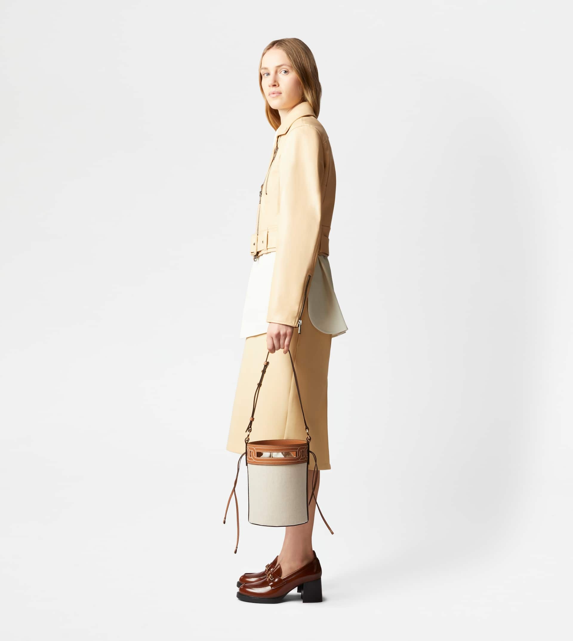 TOD'S KATE BUCKET BAG IN LEATHER AND CANVAS SMALL - BEIGE, BROWN - 2