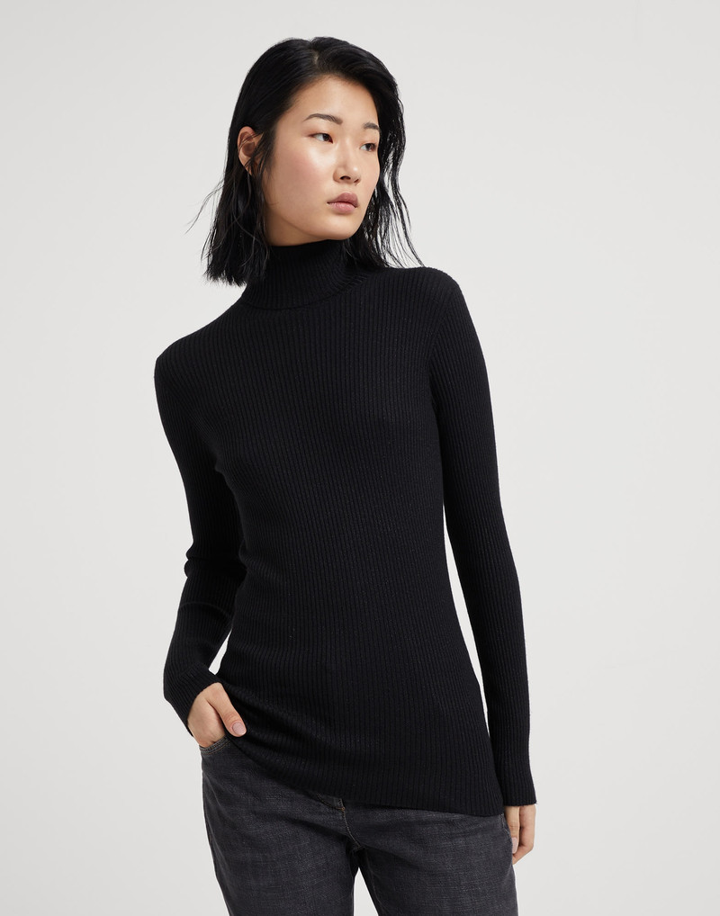 Lightweight turtleneck sweater in sparkling cashmere and silk rib knit - 1