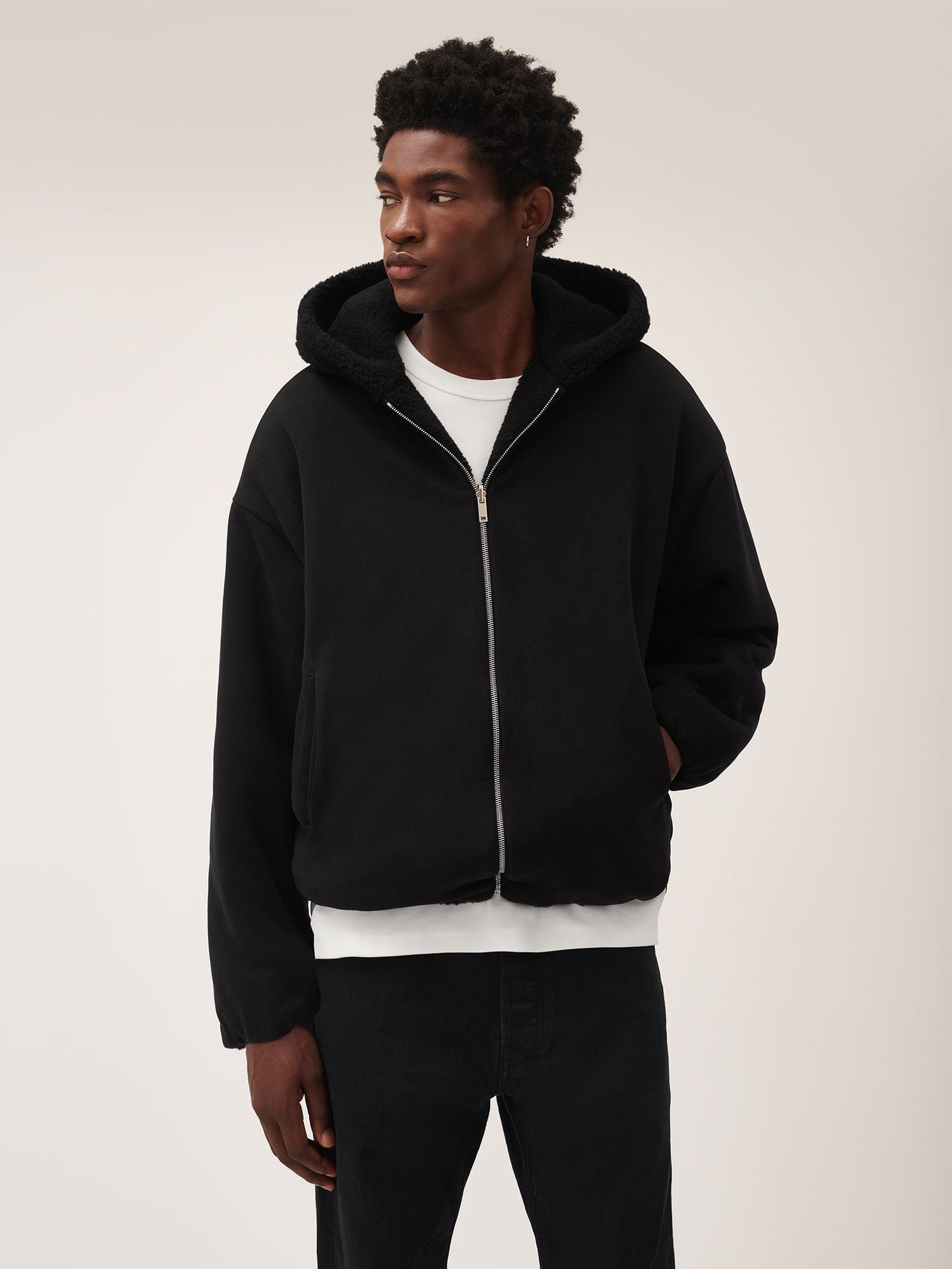 Mens Recycled Wool Fleece Reversible Bomber Jacket - Black - 5