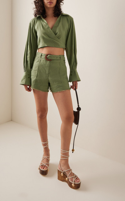 SIMKHAI Kermit Belted Linen-Blend Shorts green outlook
