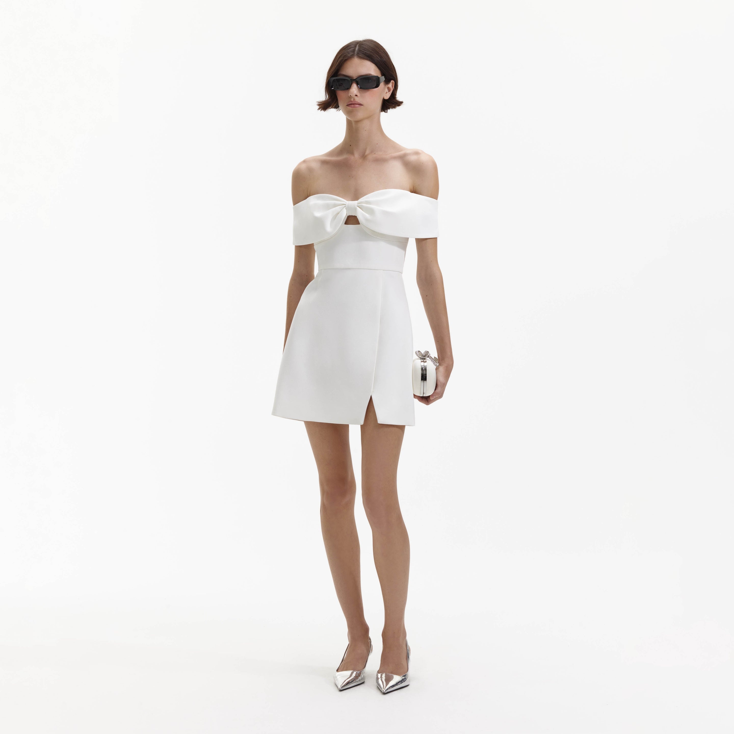 White Bow Crepe Mini Dress - 2