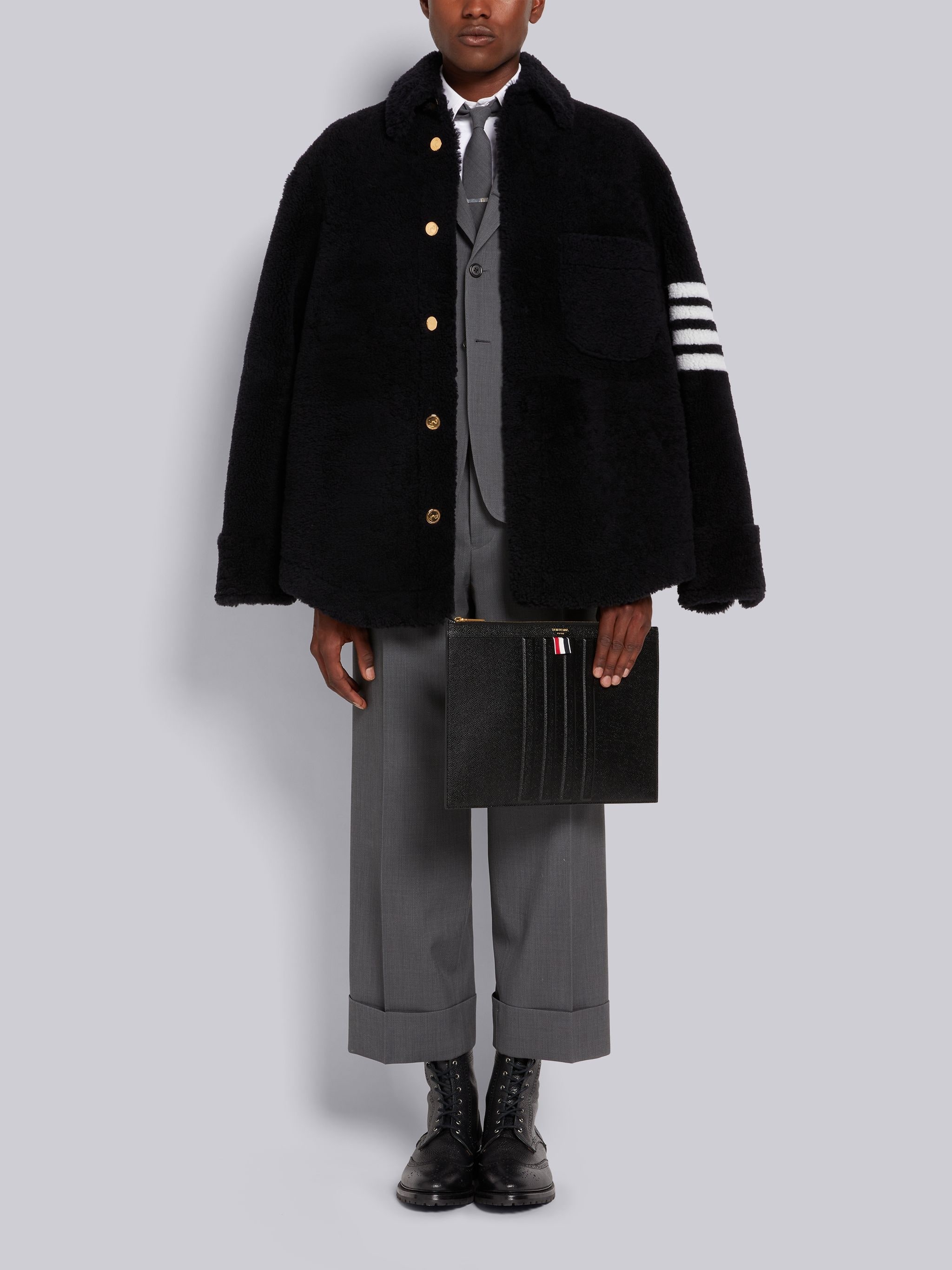 Navy Dyed Shearling 4-Bar Oversized Shirt Jacket - 4