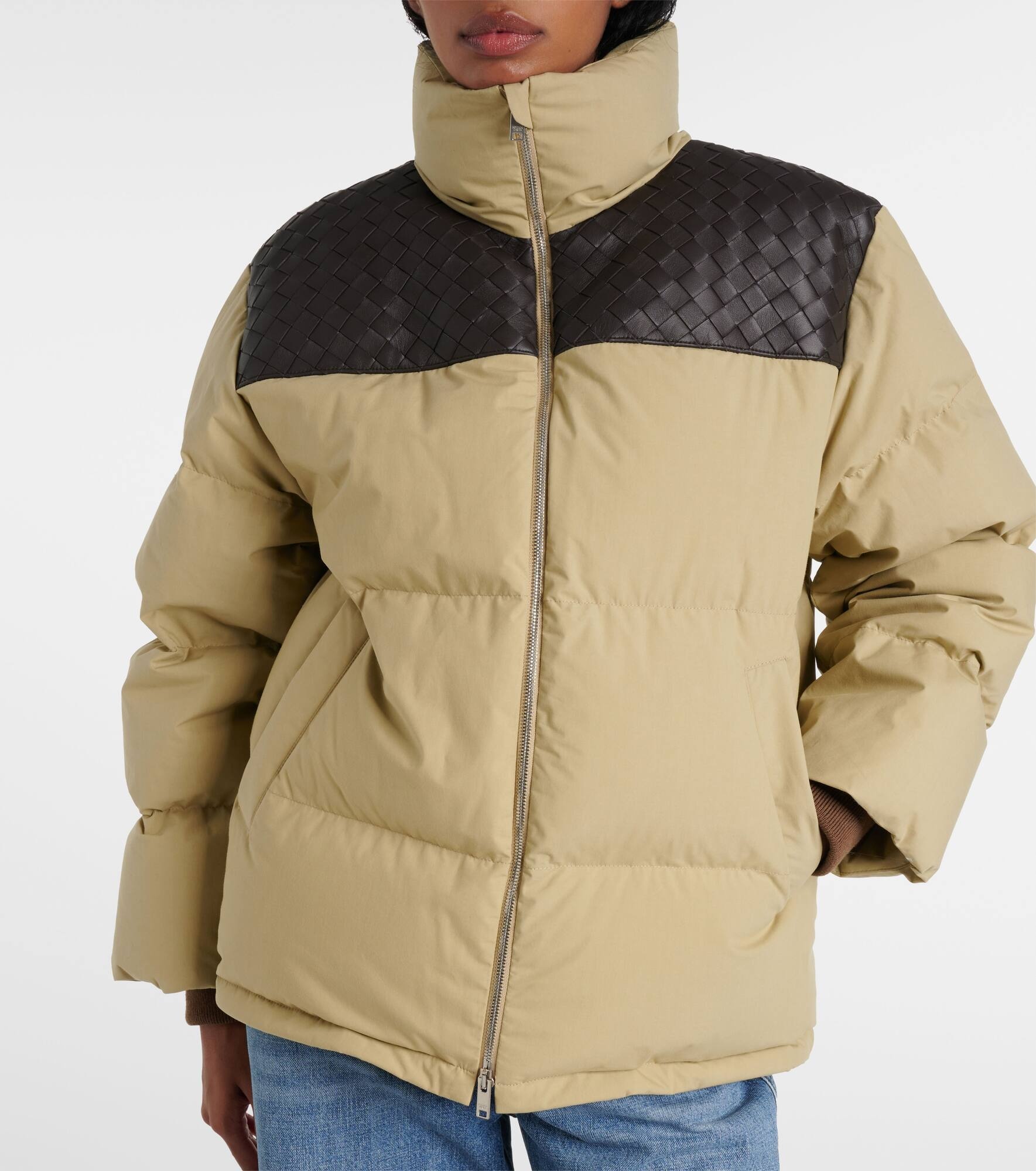 Intrecciato leather-trimmed down jacket - 6