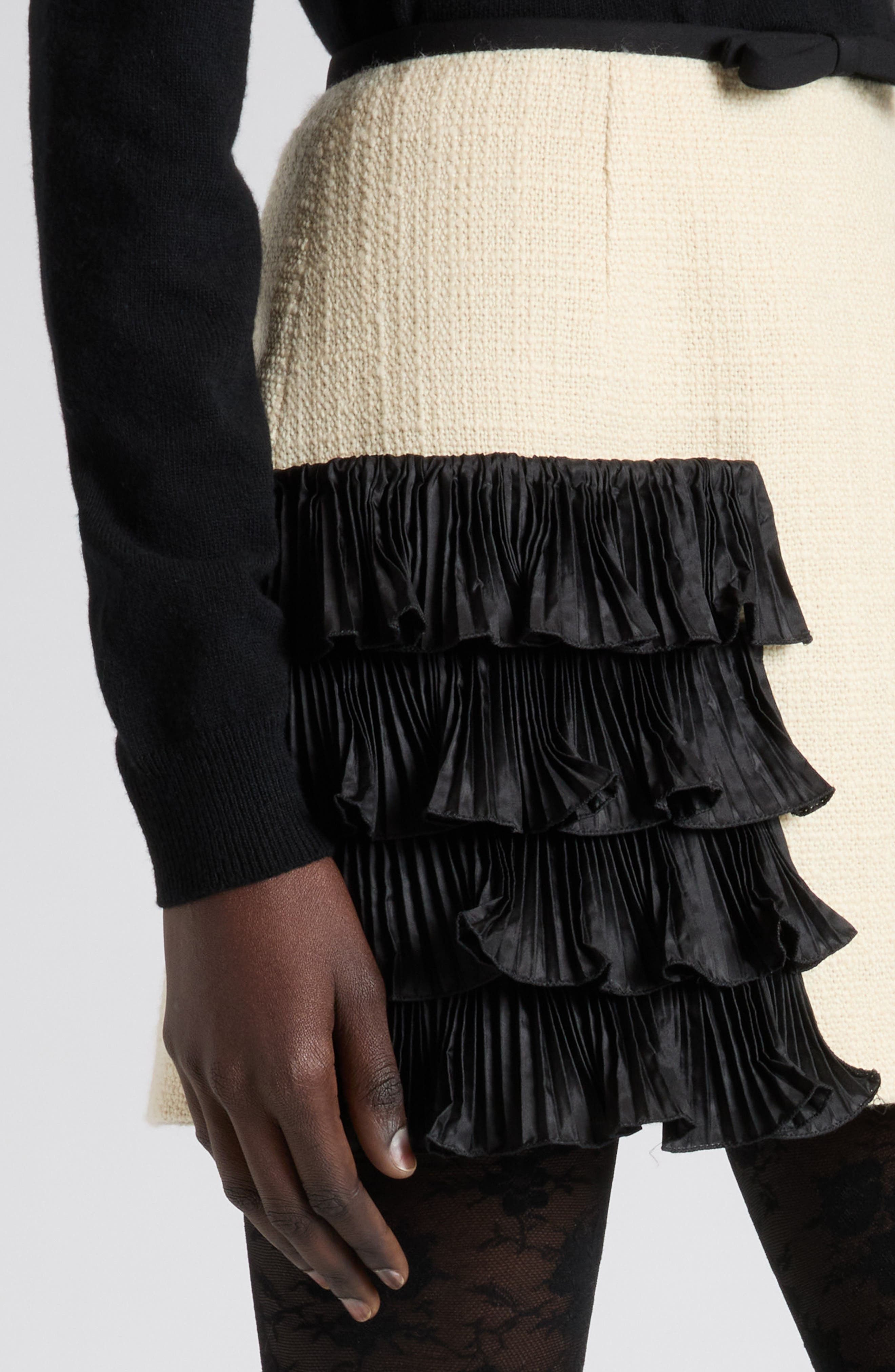 Valentino Contrast Ruffle Tweed Miniskirt in Beige/Black at Nordstrom - 5