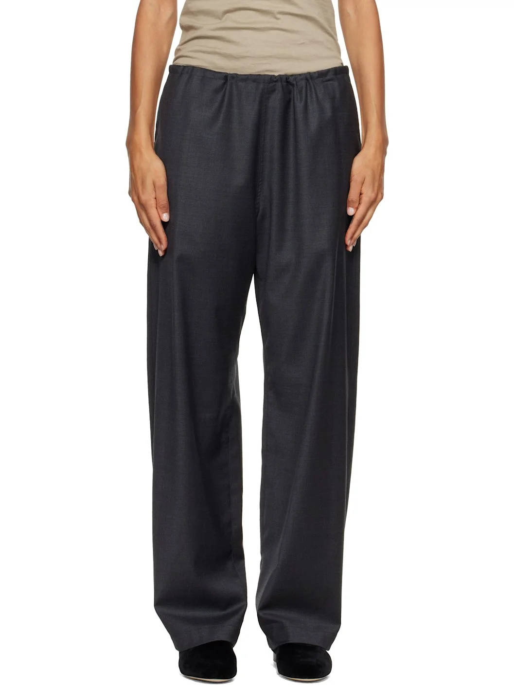 Gray Wool Silk Drawstring Easy Trousers - 1