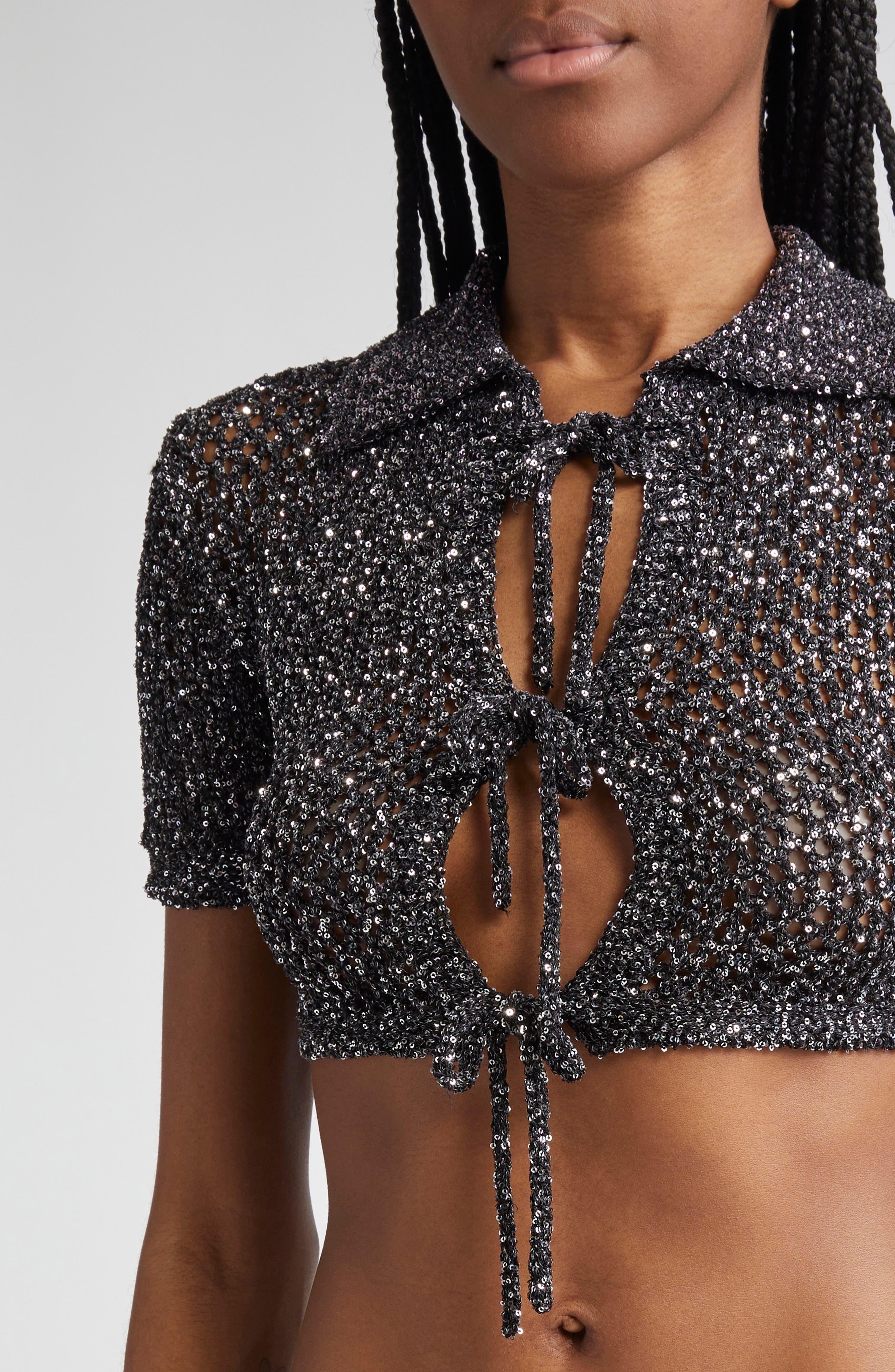 Area Sequin Crochet Crop Cardigan in Black at Nordstrom - 5