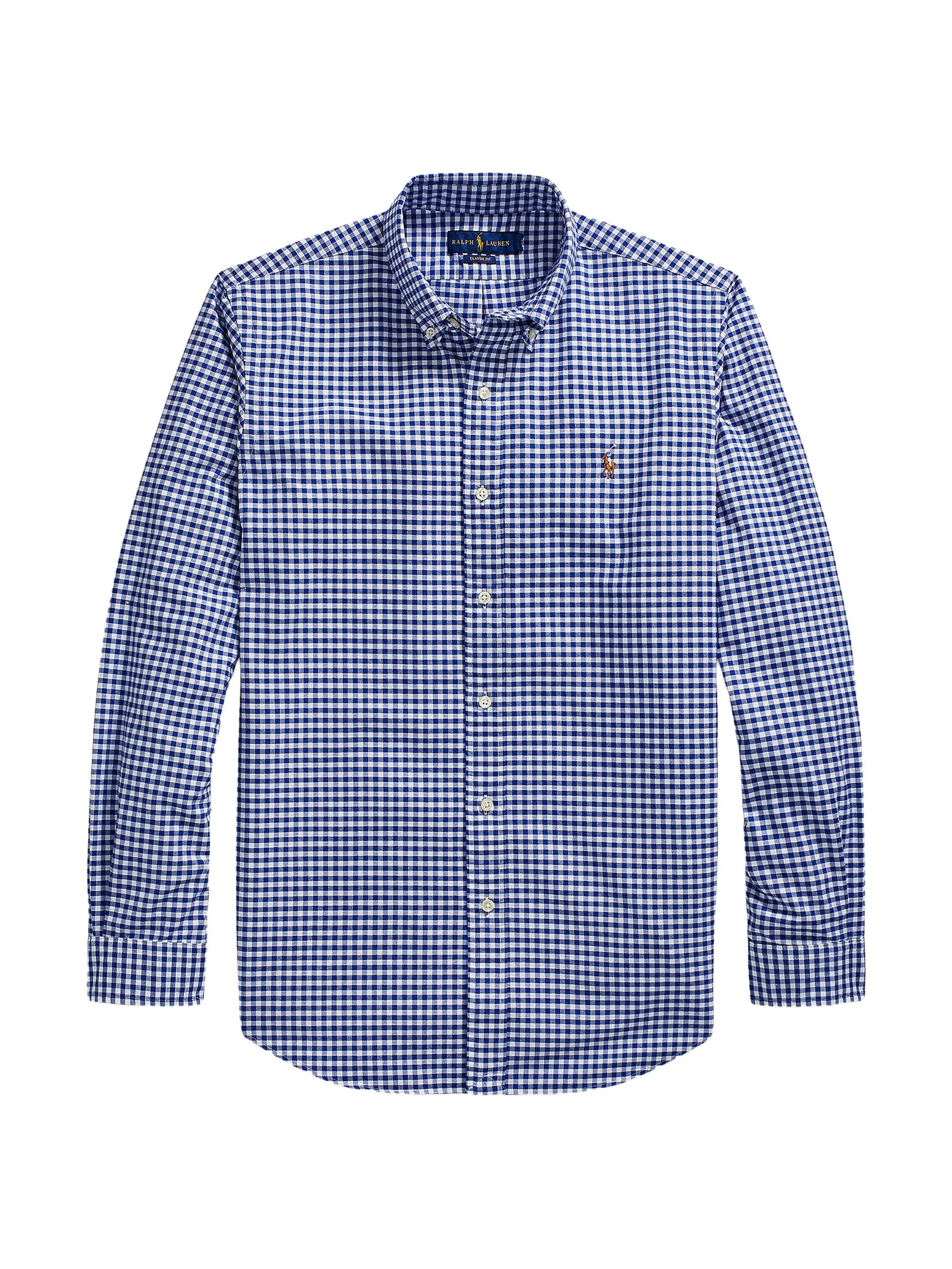 Men's Custom-Fit Gingham Cotton Oxford Shirt - Blue White Gingham - 1