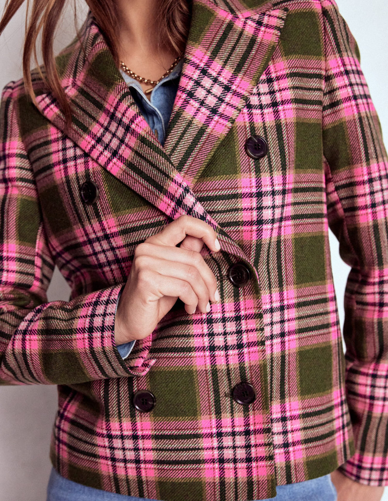 Boxy Double Breasted Blazer-Olive Green and Pink Check 3