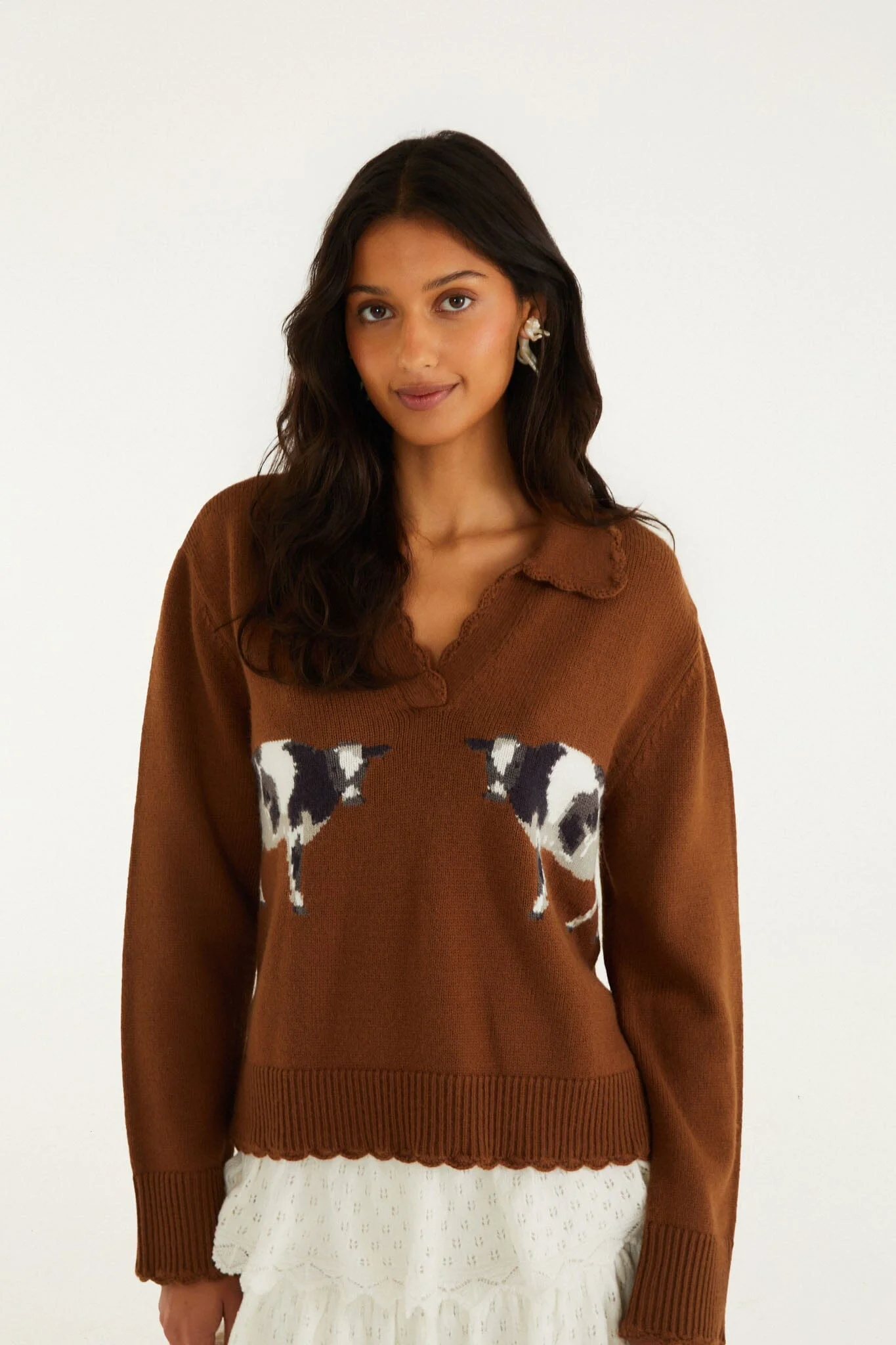 Brown Countryside Cow Collared Knit Sweater - 1