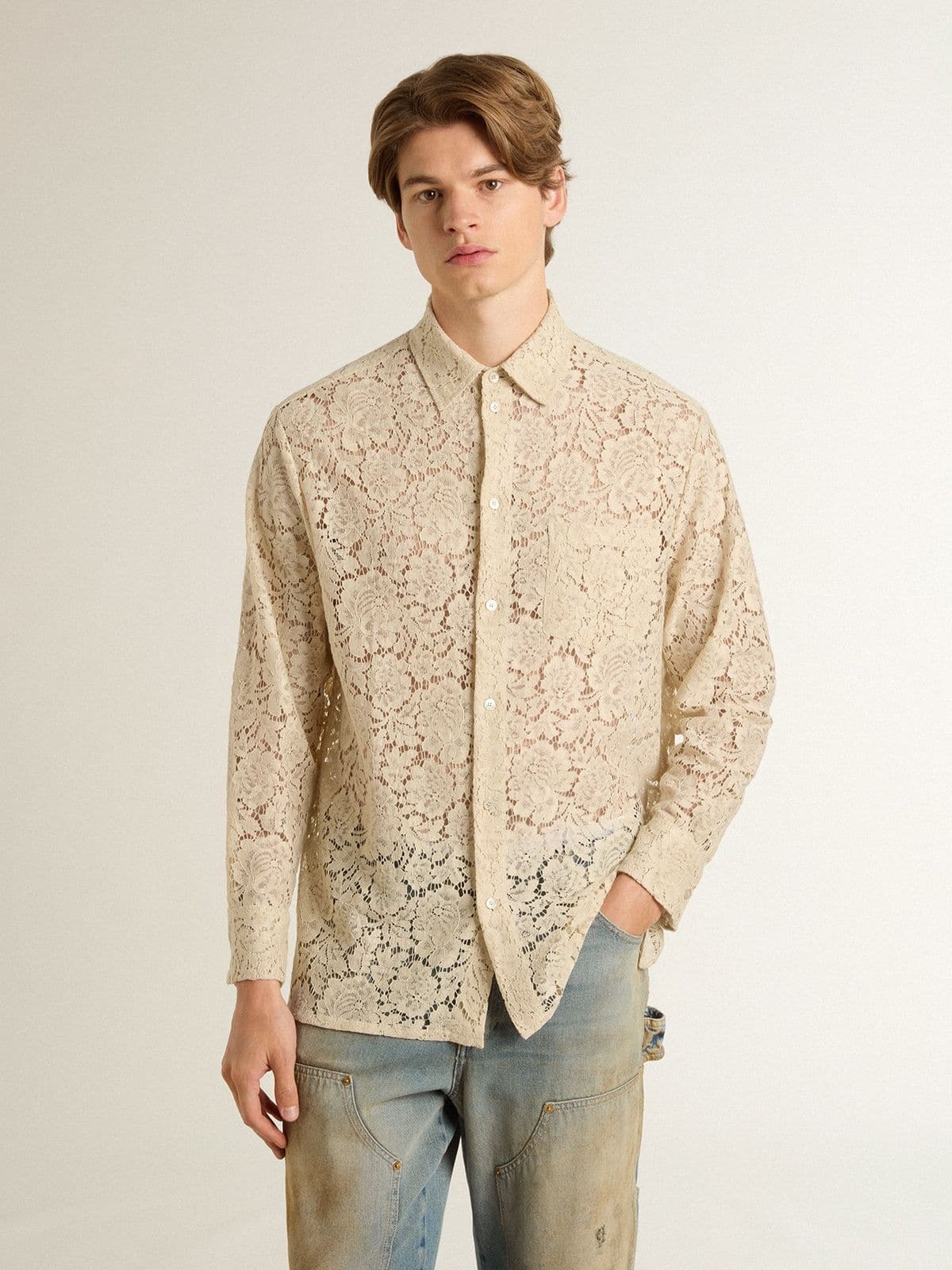 Oversized shirt in cream-colored see-through lace - 2