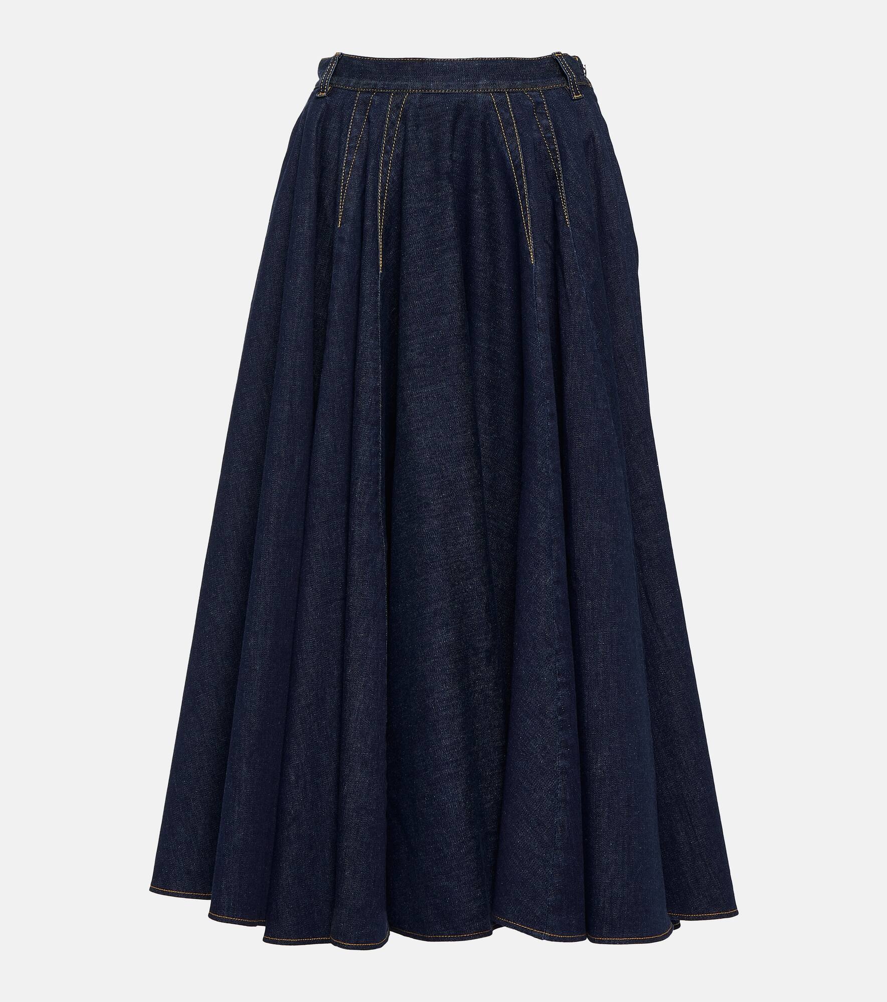 Pleated high-rise denim midi skirt - 1
