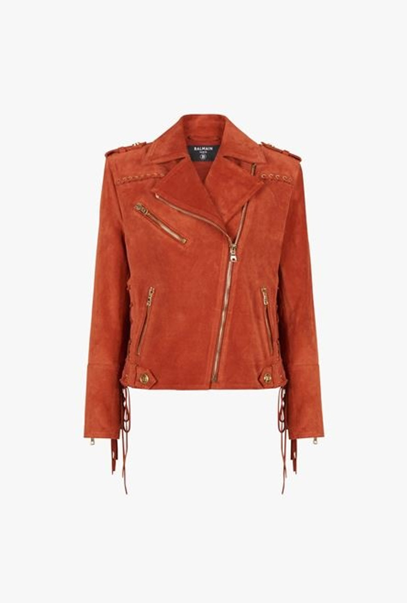 Balmain x Netflix -Terracotta and golden suede biker jacket 1
