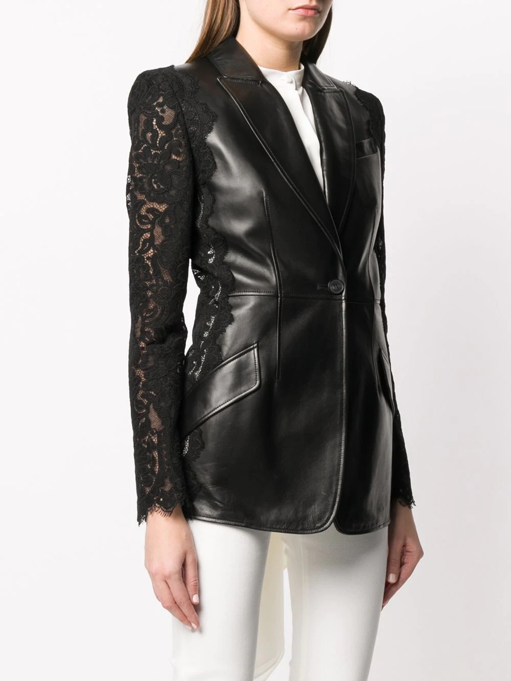 lace sleeve leather jacket - 3