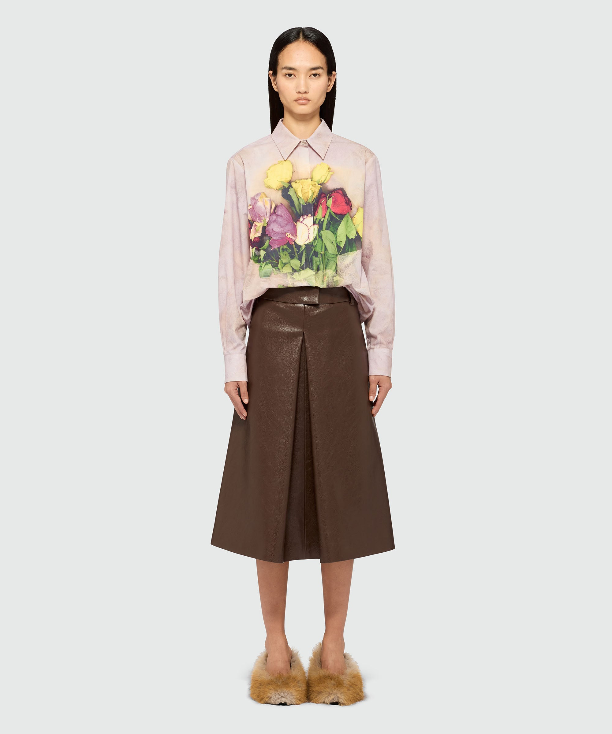 Brown hammered faux leather midi skirt - 2