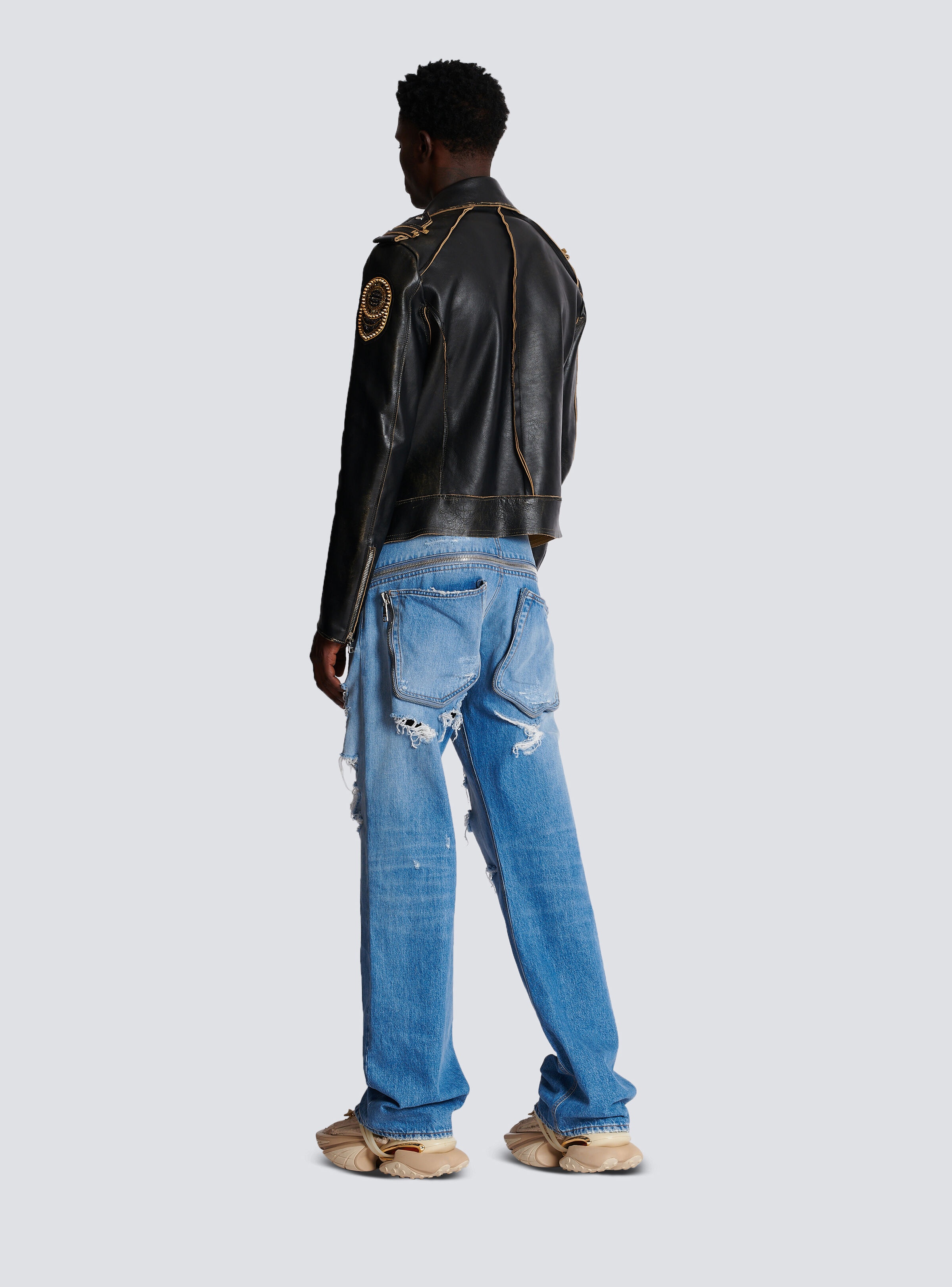 Leather biker jacket with embroidered badges - 4