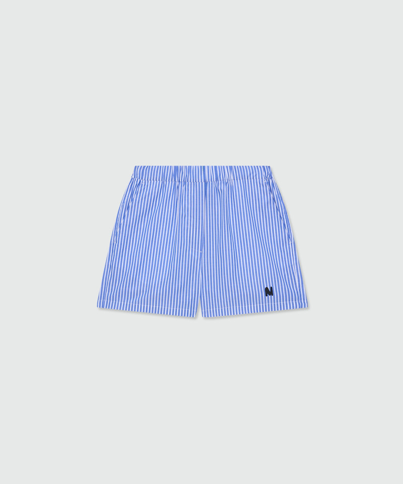 Blue striped poplin Bermuda shorts with embroidered hem 1