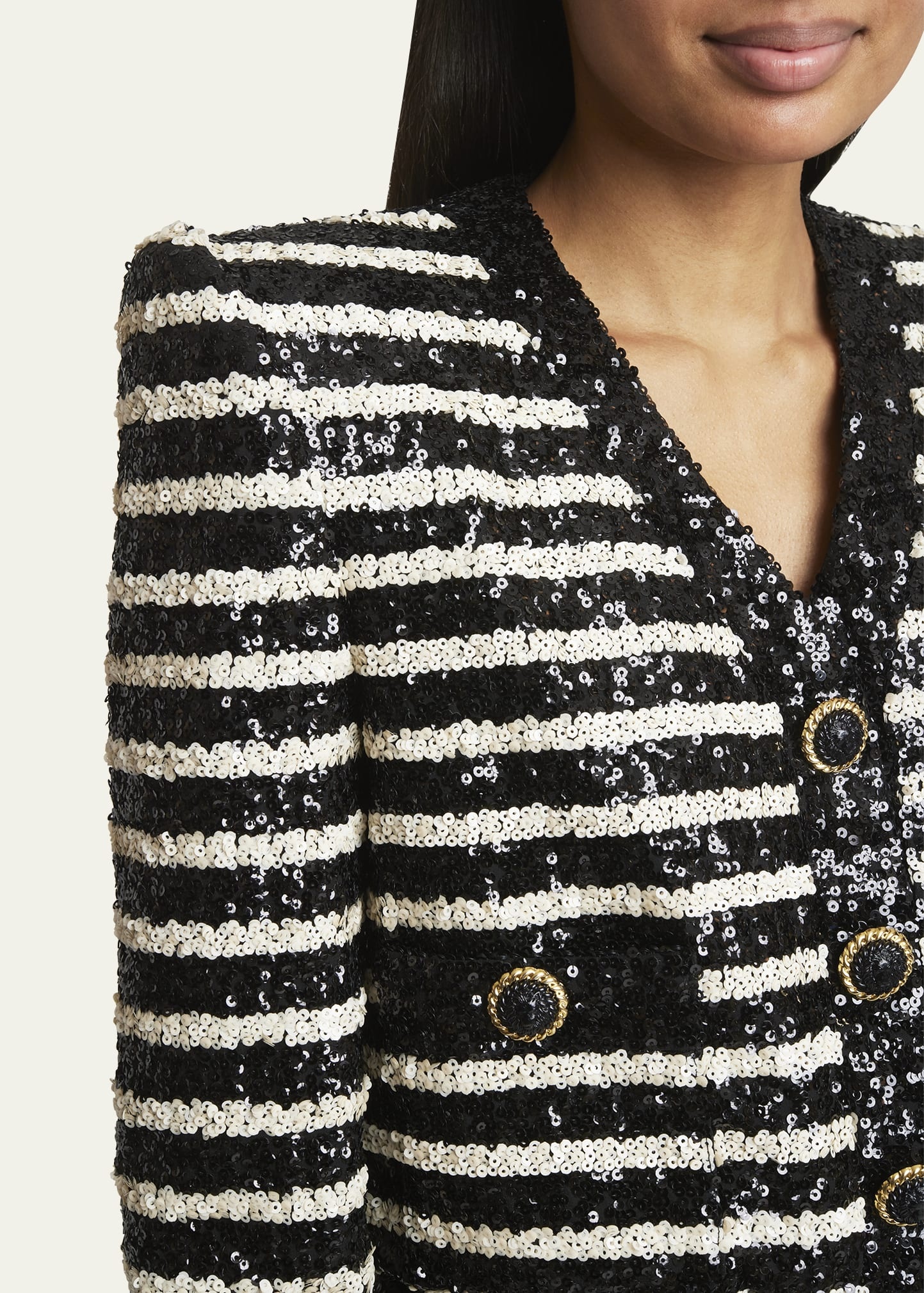 Striped Sequined Crop Jacket with Button Details - 5