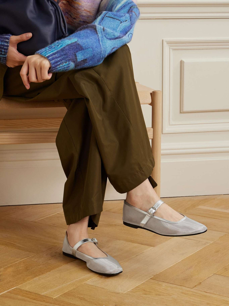 LE MONDE BÉRYL Metallic leather-trimmed mesh Mary Jane ballet flats Silver outlook