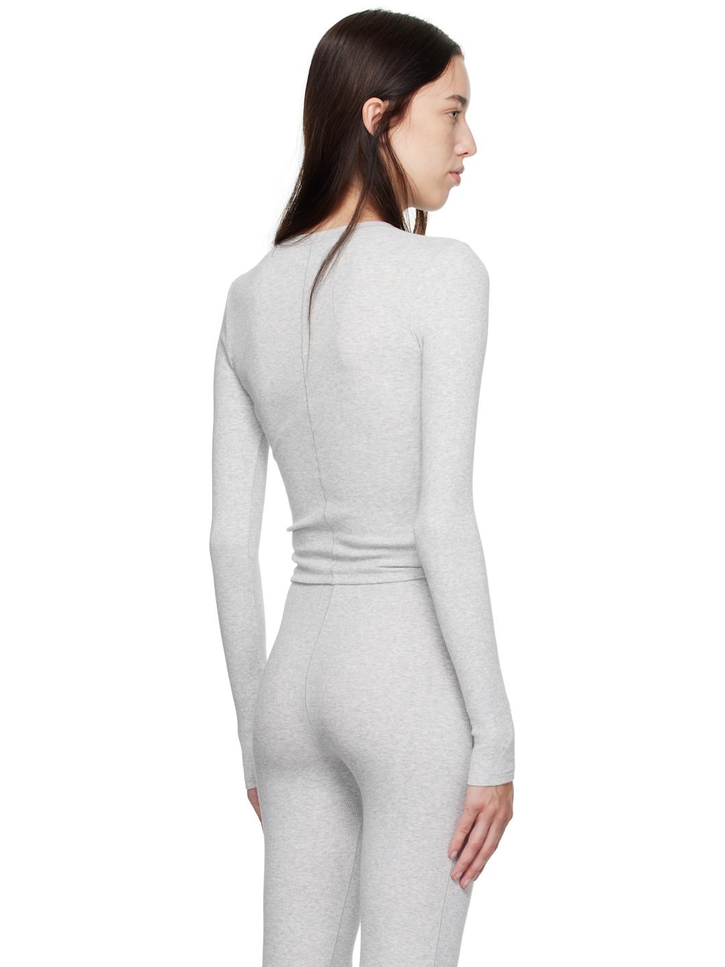 Gray Cotton Rib Long Sleeve T-shirt - 3