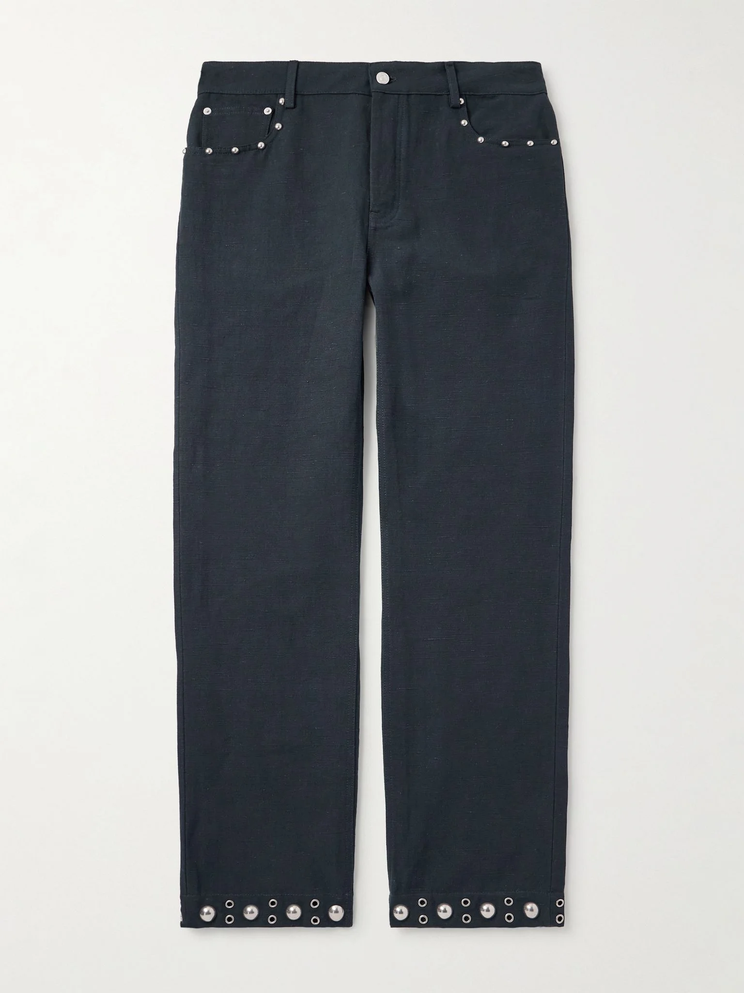 Straight-Leg Embellished Linen and Cotton-Blend Trousers Navy - 1
