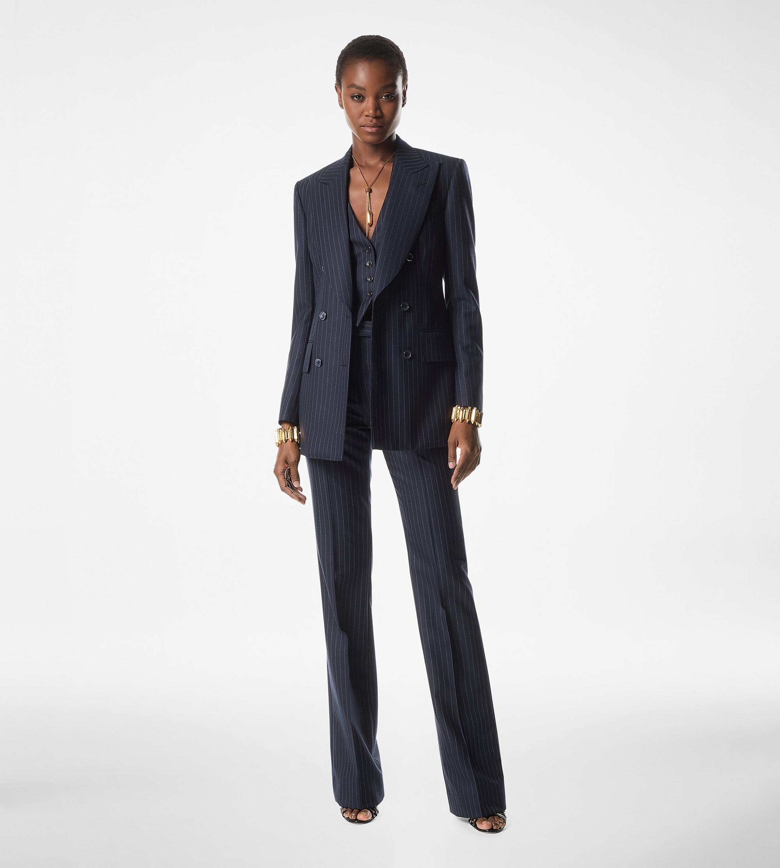 STRIPED WOOL FLANNEL TAILORED WIDE LEG PANTS - 3