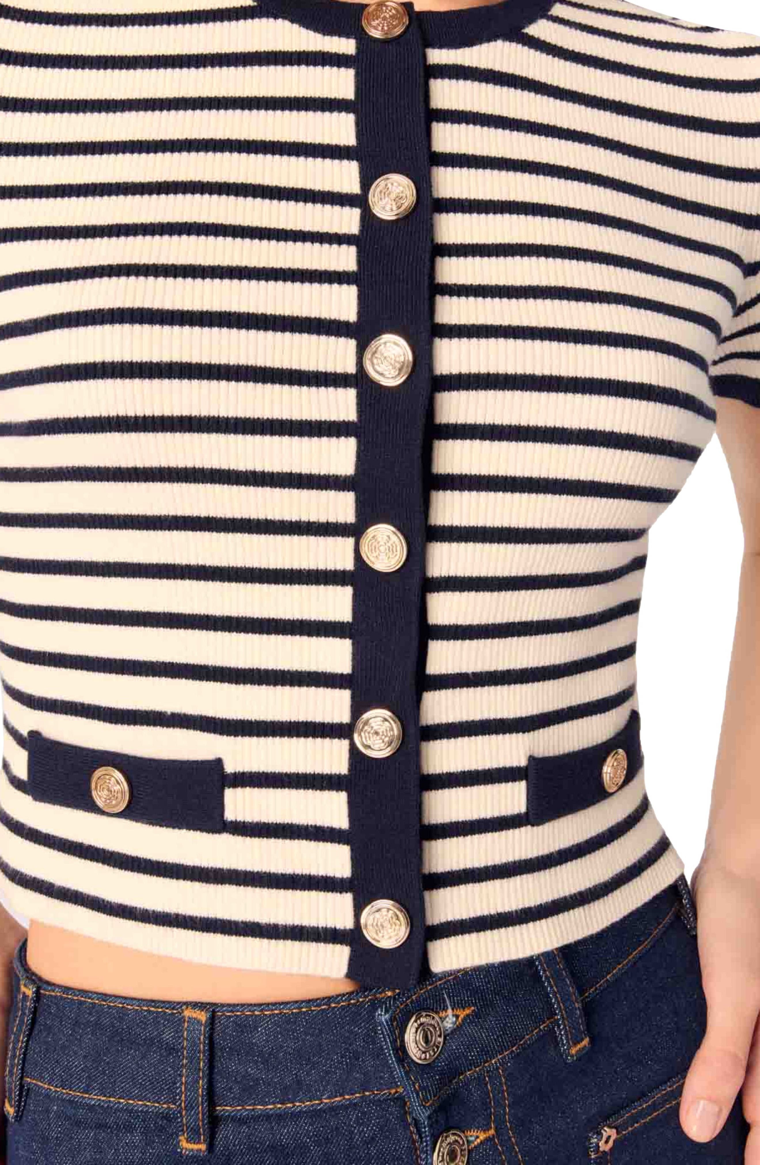 maje Cropped rib knit cardigan in Ecru/navy Blue at Nordstrom - 6