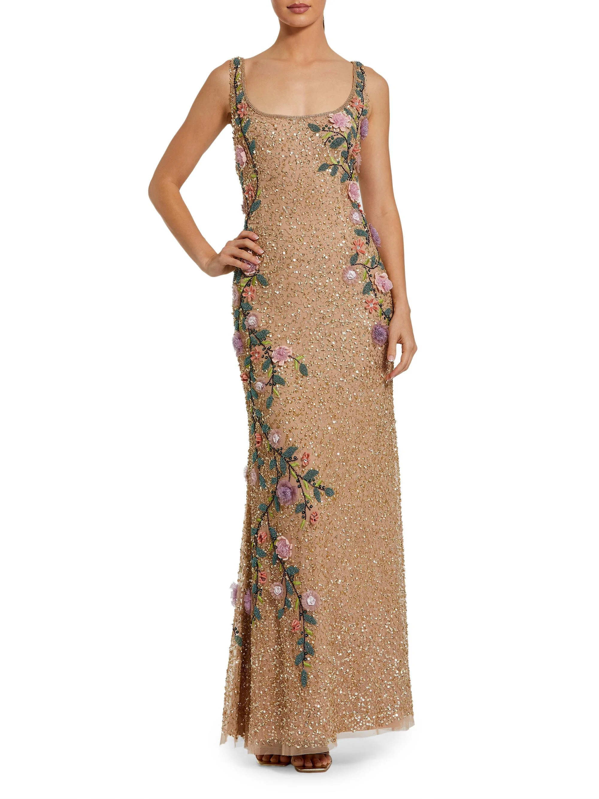 Women's Evening Embellished Floral Scoopneck Gown - Gold Multi - 1