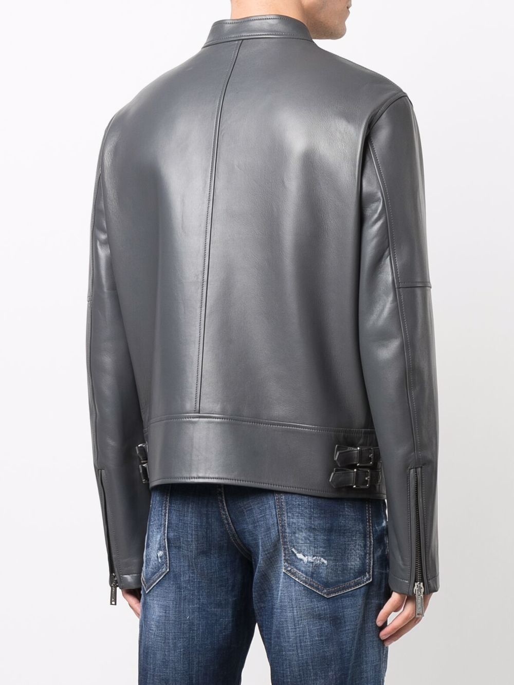 grained leather zip-up jacket - 3