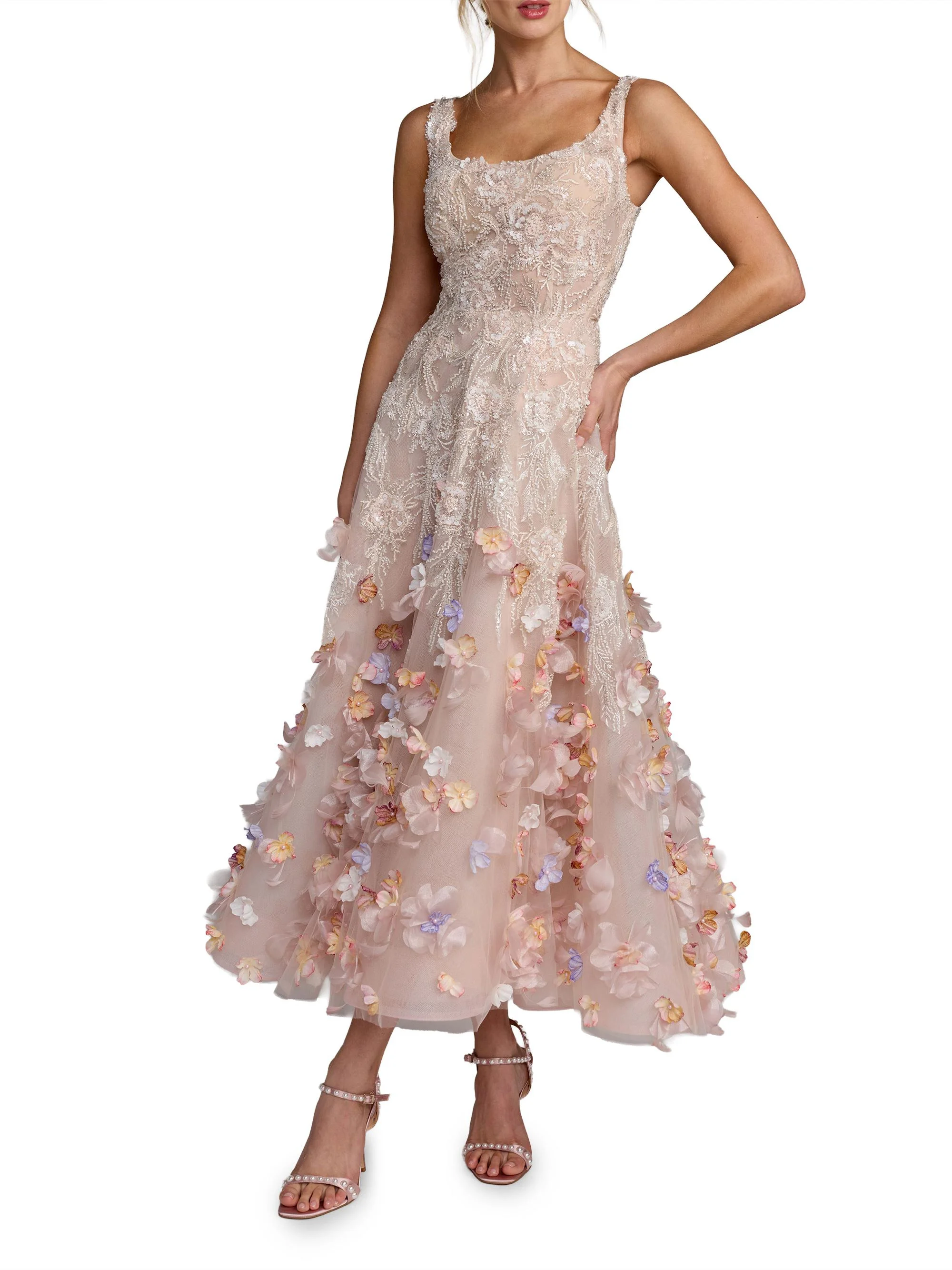 Women's Sequined Floral Appliqué Cocktail Dress - Blush Multi - 1