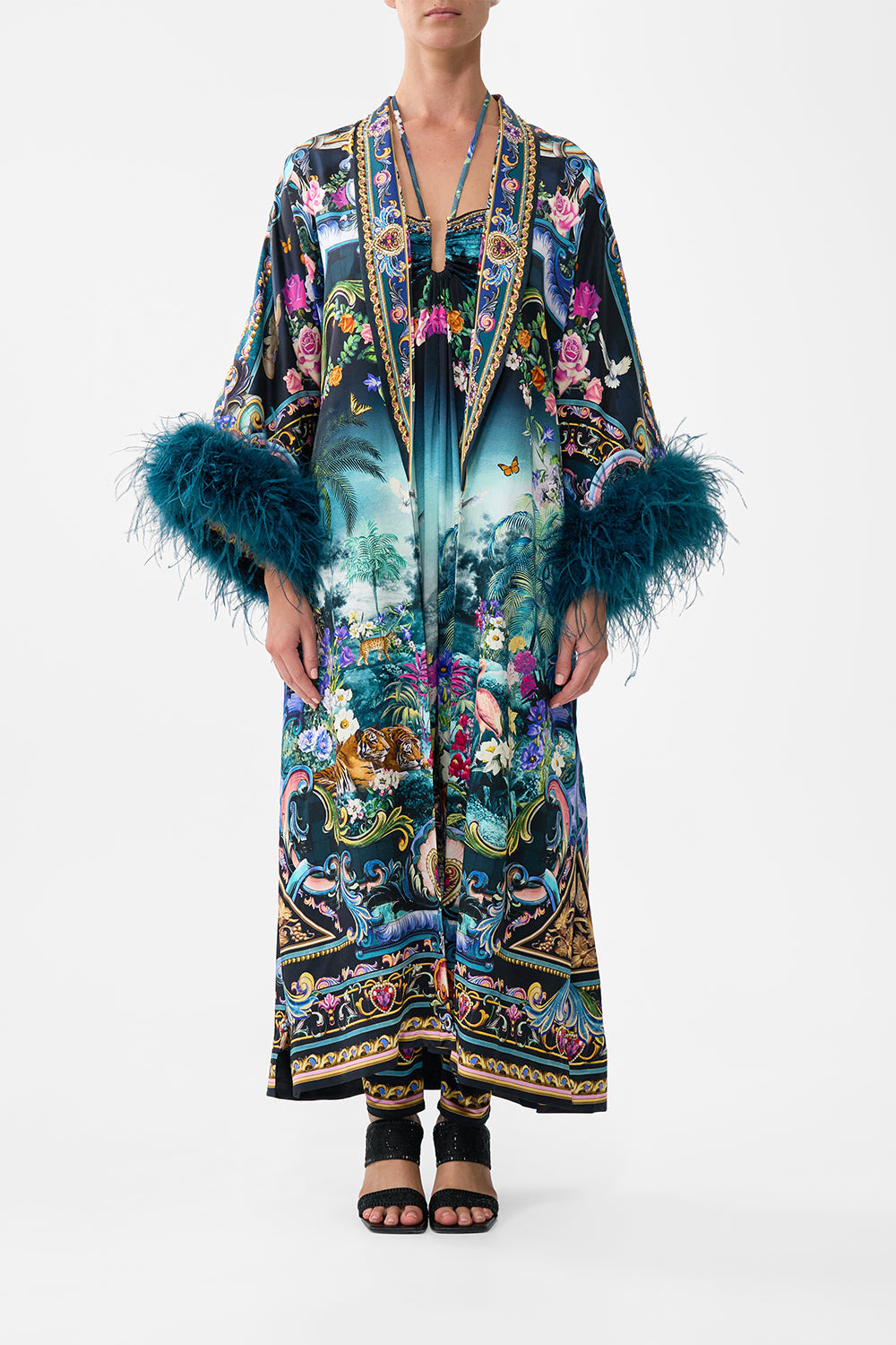 LONG ROBE WITH NARROW COLLAR AND FEATHERS - 2