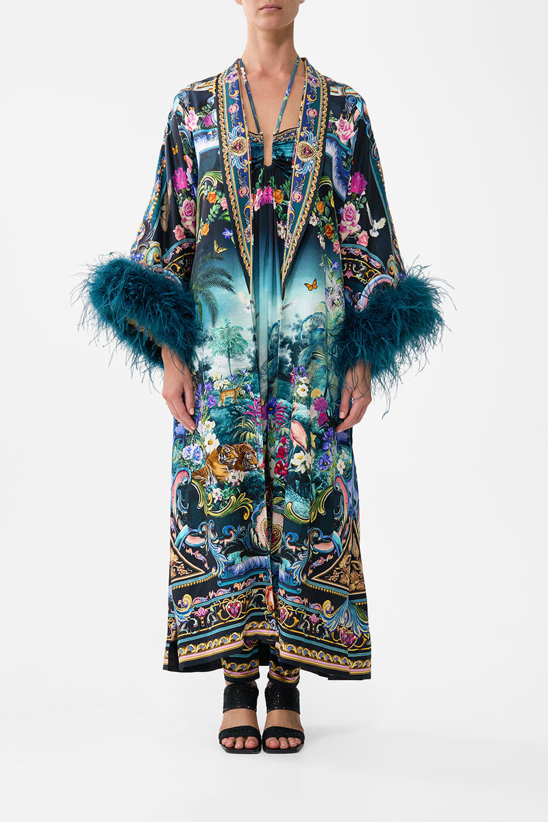 CAMILLA LONG ROBE WITH NARROW COLLAR AND FEATHERS outlook